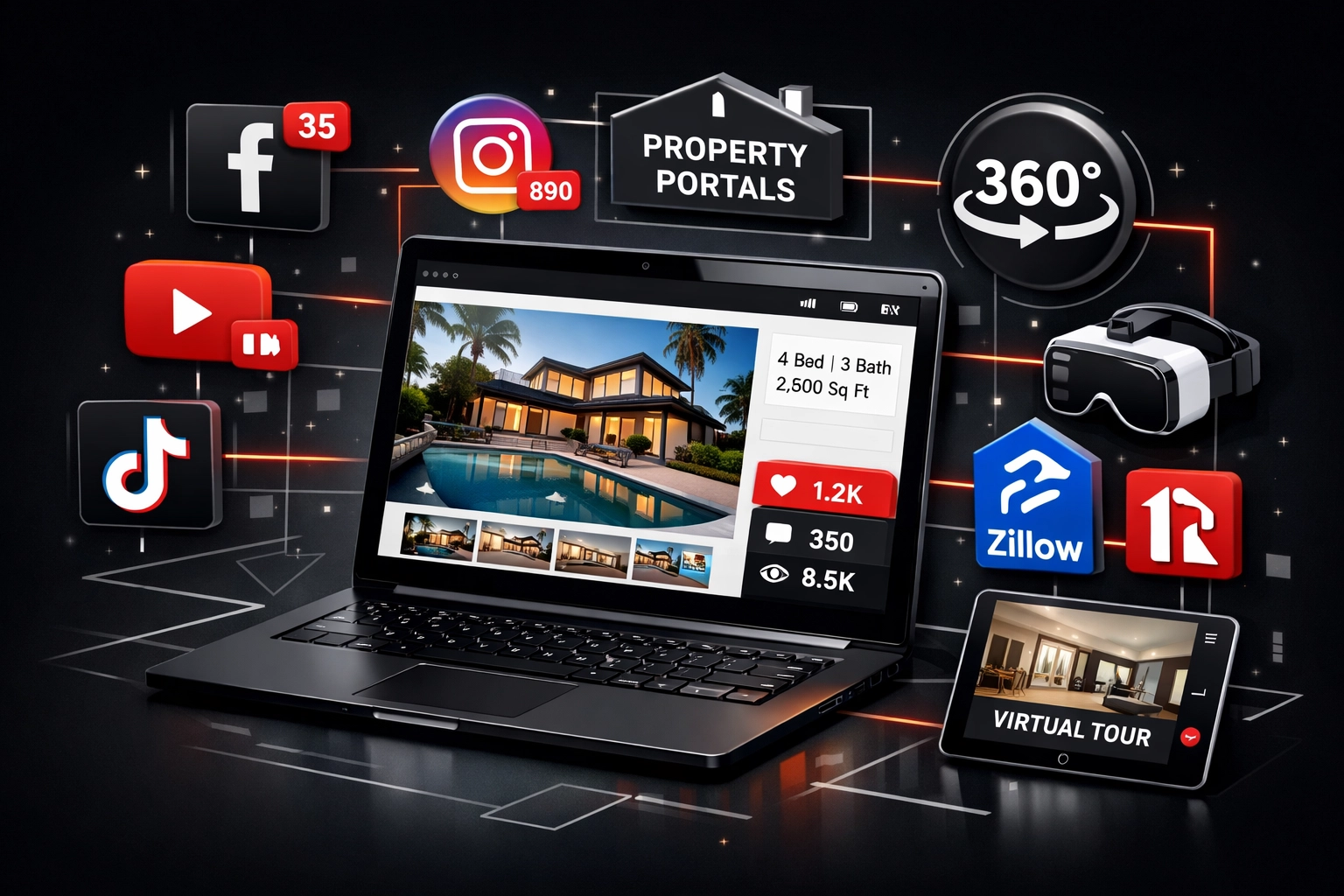 Digital property marketing showing online listings and virtual tours for Scottish homes