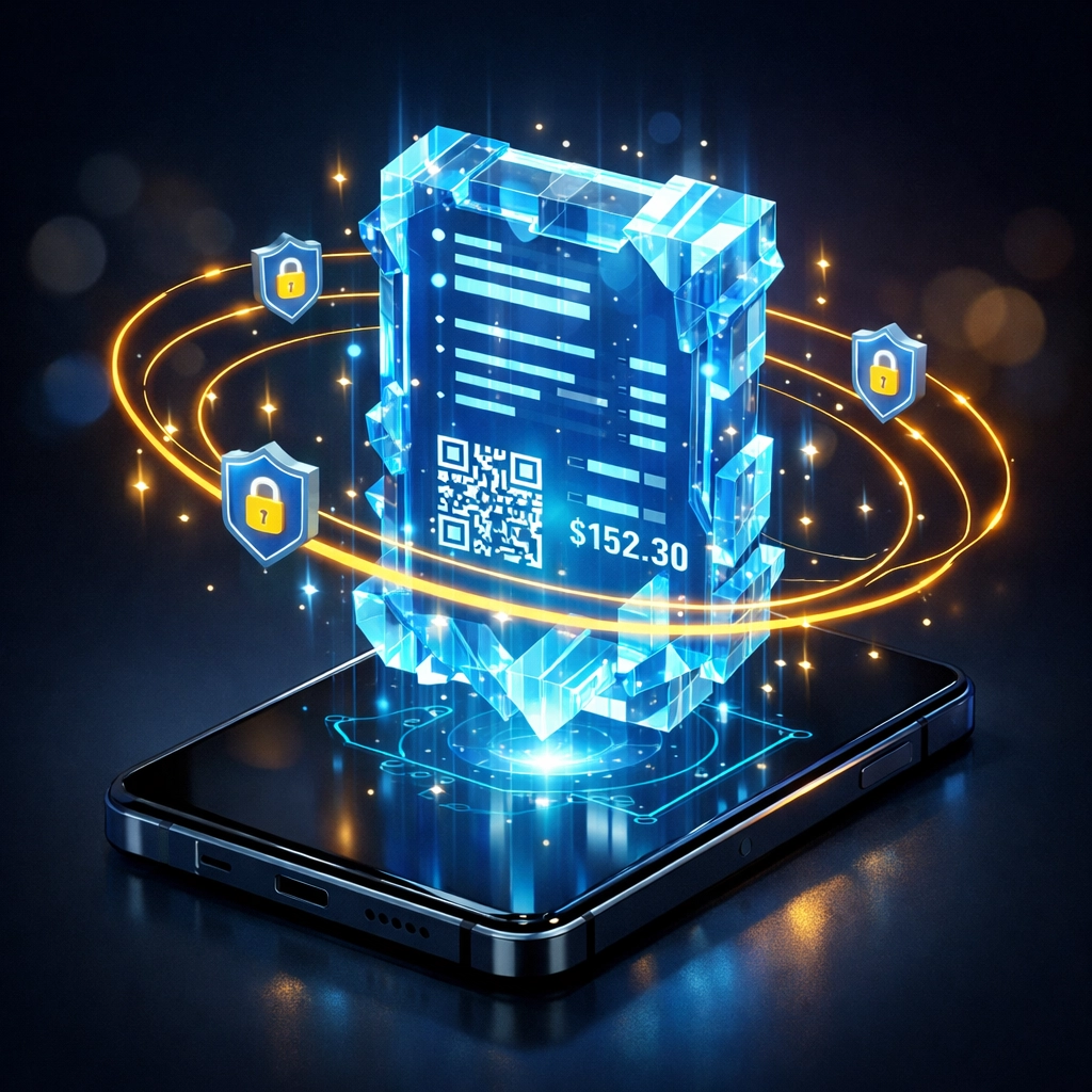 Holographic NFT receipt over a smartphone symbolizing secure blockchain accounting and immutable digital records.