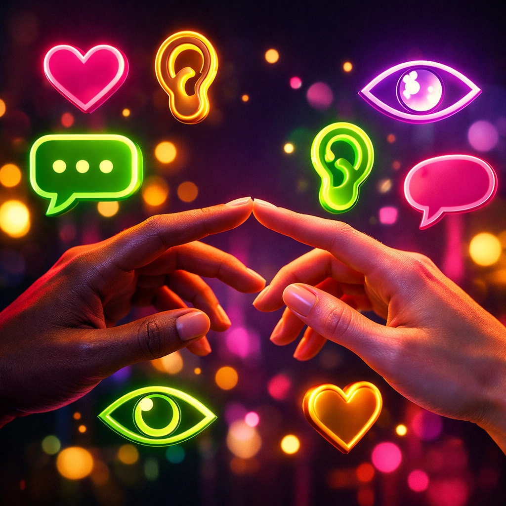 Hands paused in gesture showing active listening and mutual respect in intimate moments