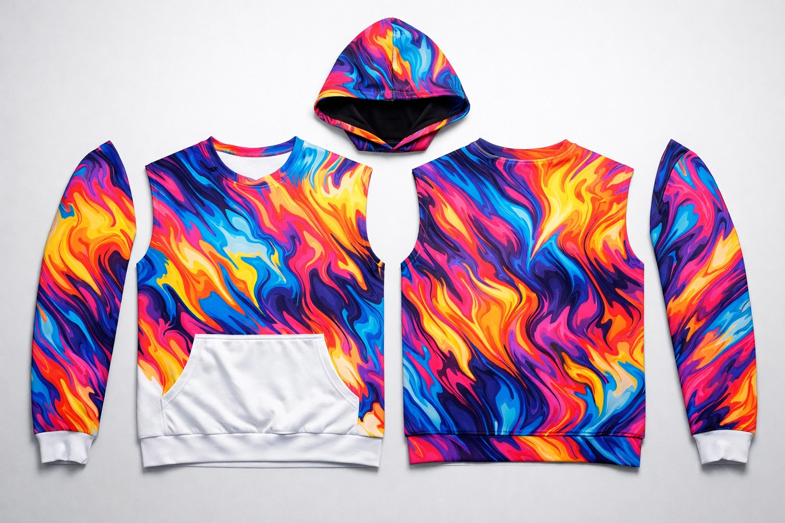 Custom sublimation printing panels for a hoodie laid flat to show bleed areas and template alignment.