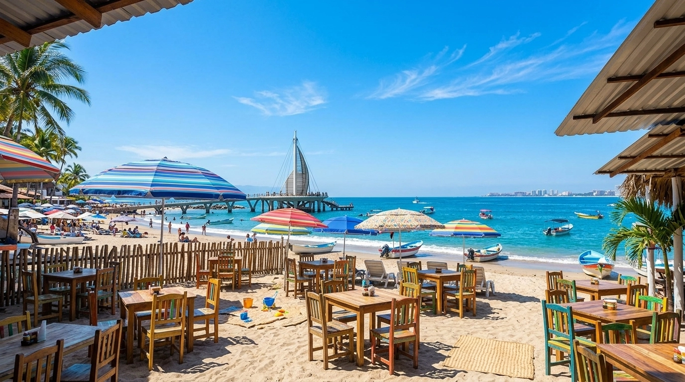 A casual and inviting beachfront restaurant in Puerto Vallarta with wooden tables in the sand