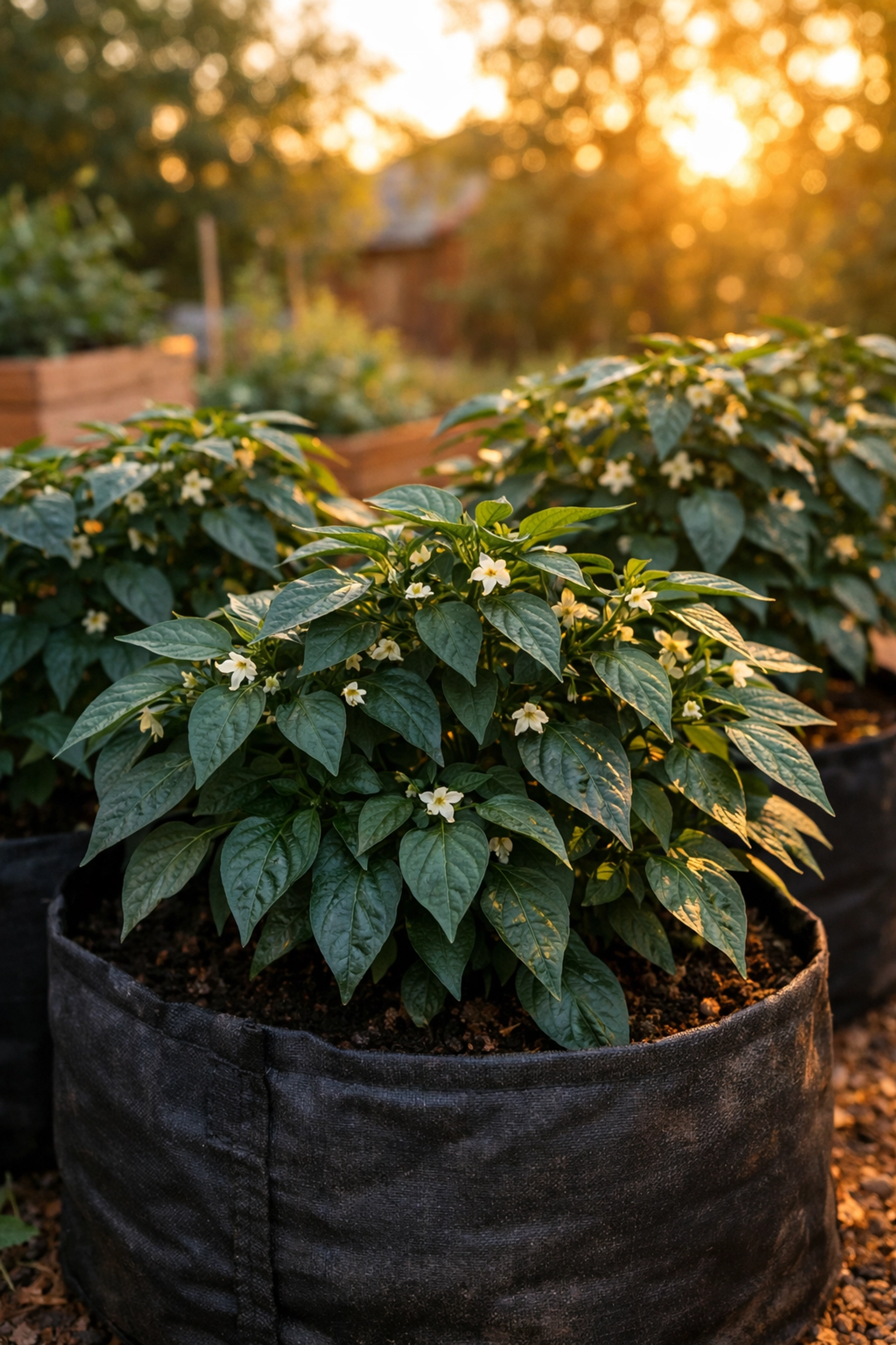 Mature ghost pepper plants with white flowers in outdoor garden containers