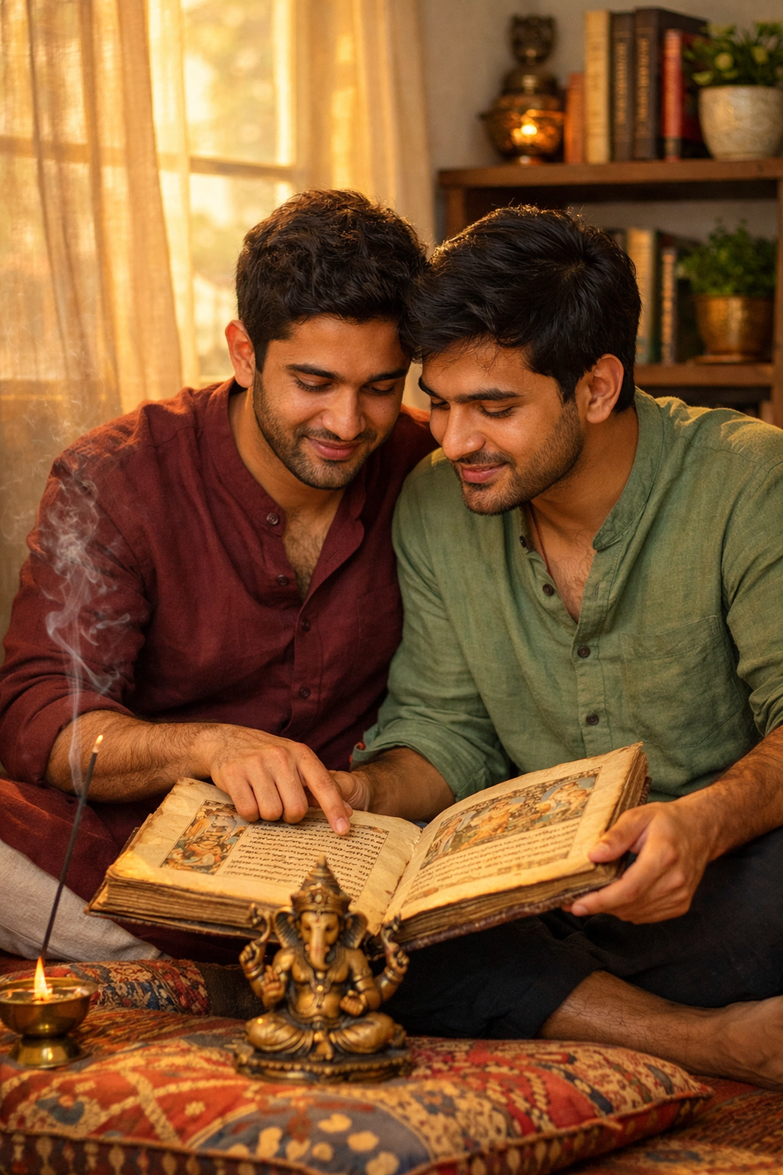 Gay Indian couple studying Hindu spiritual texts together in intimate home prayer setting