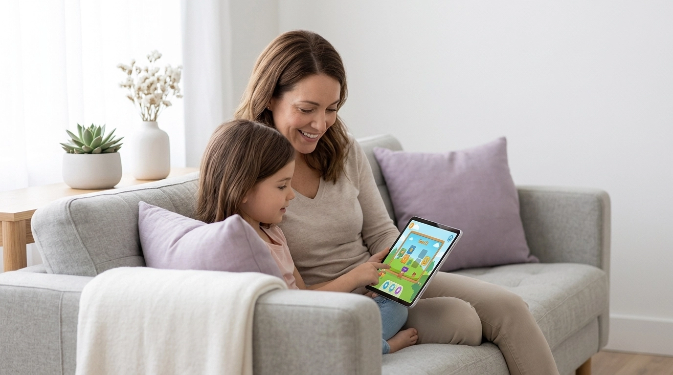 A parent and child sitting together, engaging with a tablet in a supportive and calm home environment.