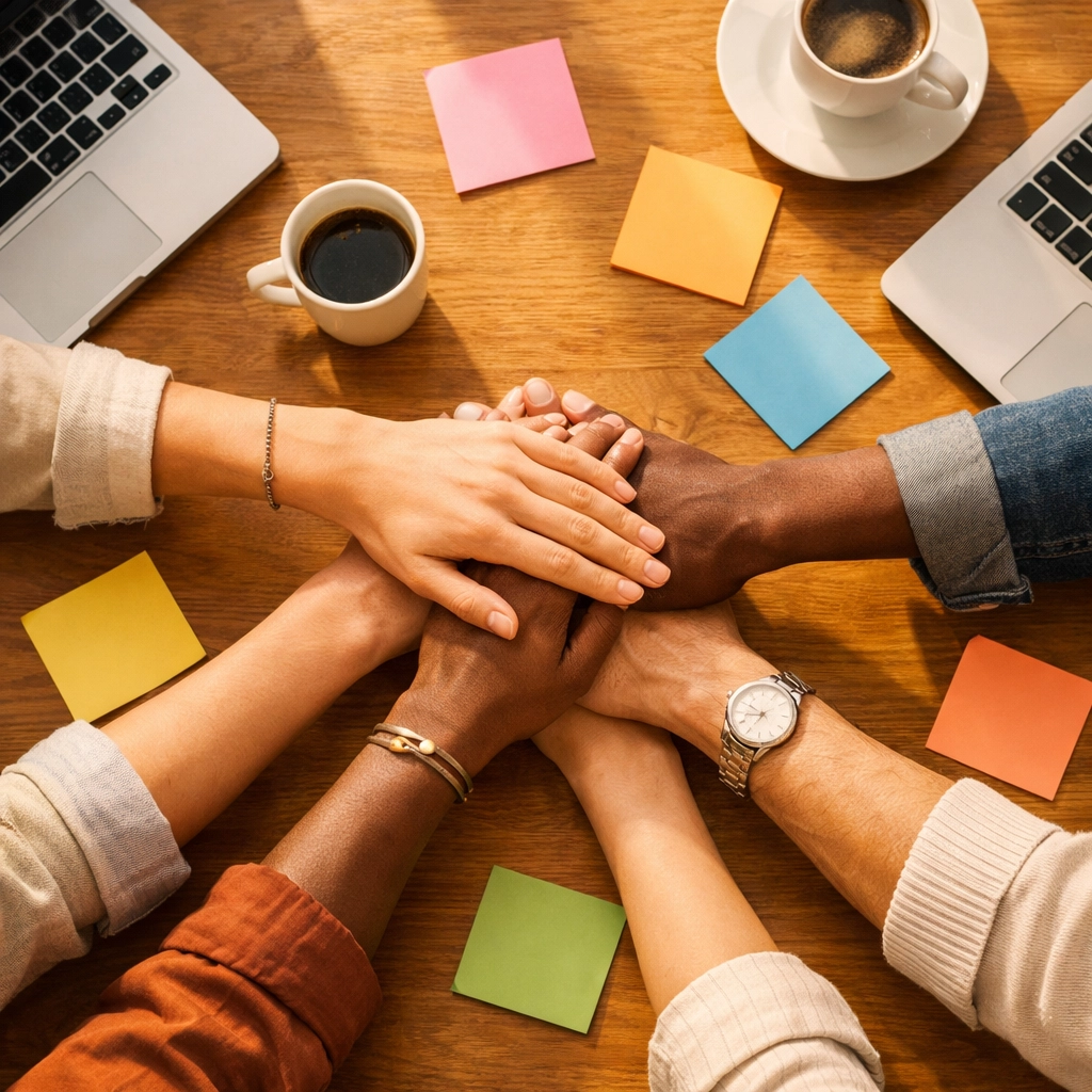 Diverse team collaborating on nonprofit partnership strategy around conference table