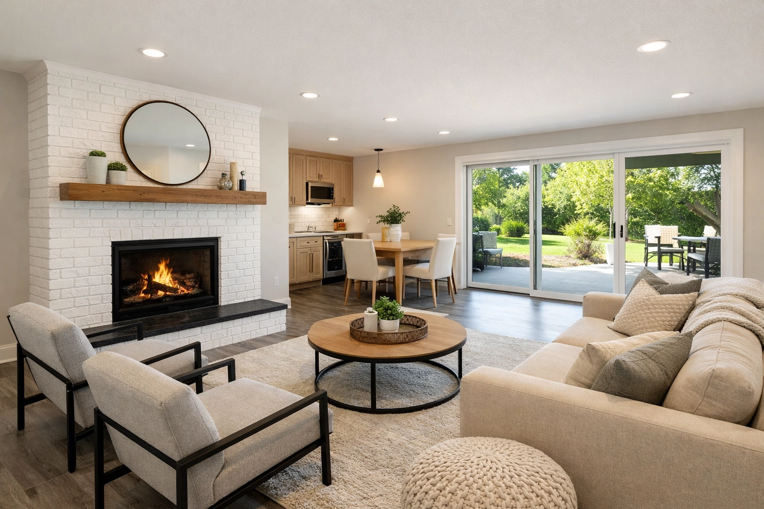Walk-out lower level with white brick fireplace and second kitchen in a Wethersfield CT in-law suite.