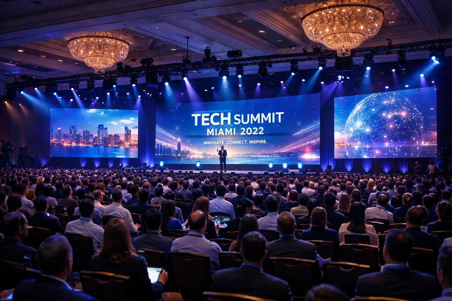 Large-scale corporate event photography capturing a tech summit in a luxury Miami ballroom.