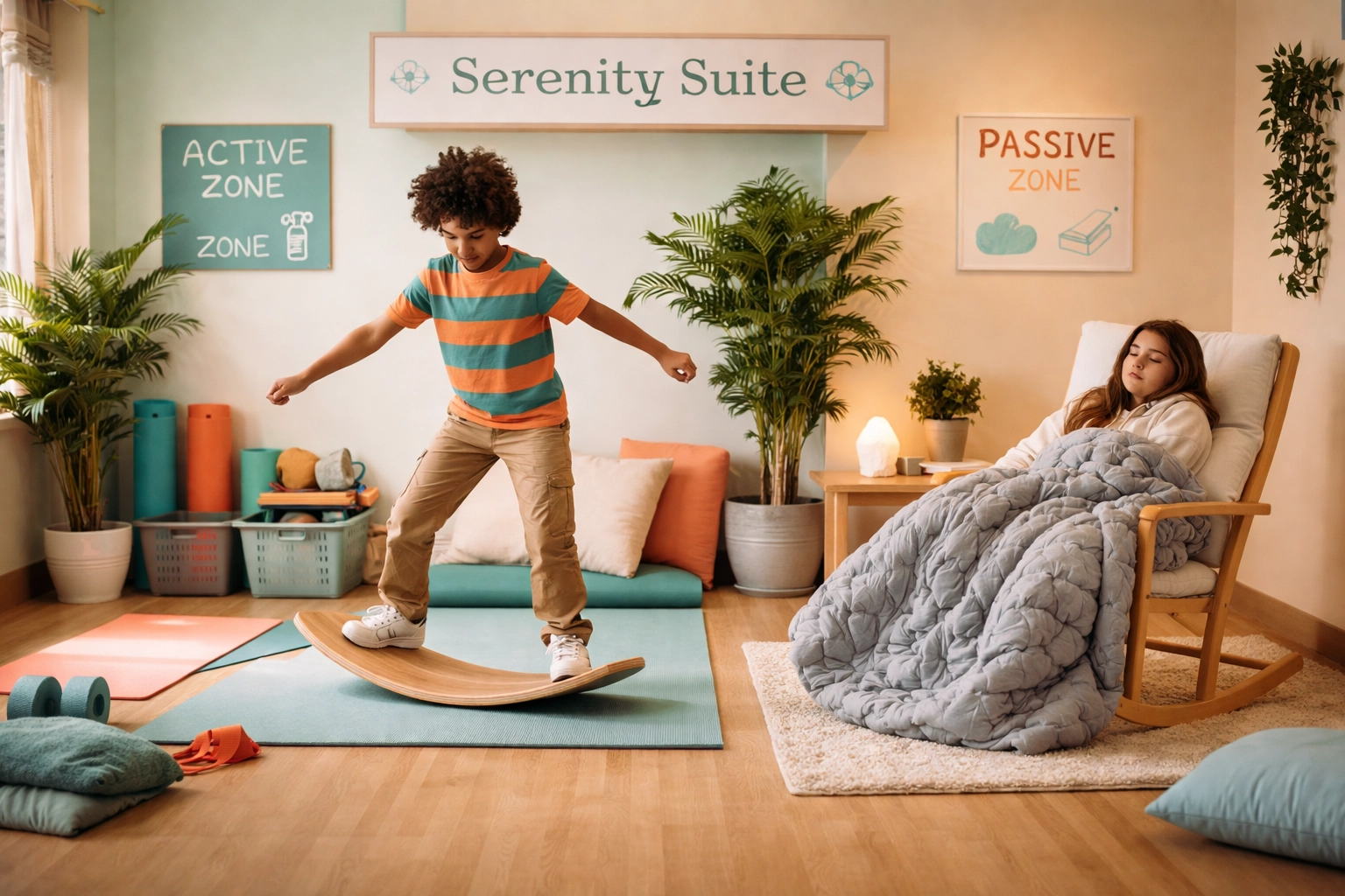 School Serenity Suite showing active and passive zones for student self-regulation and holistic emotional support.