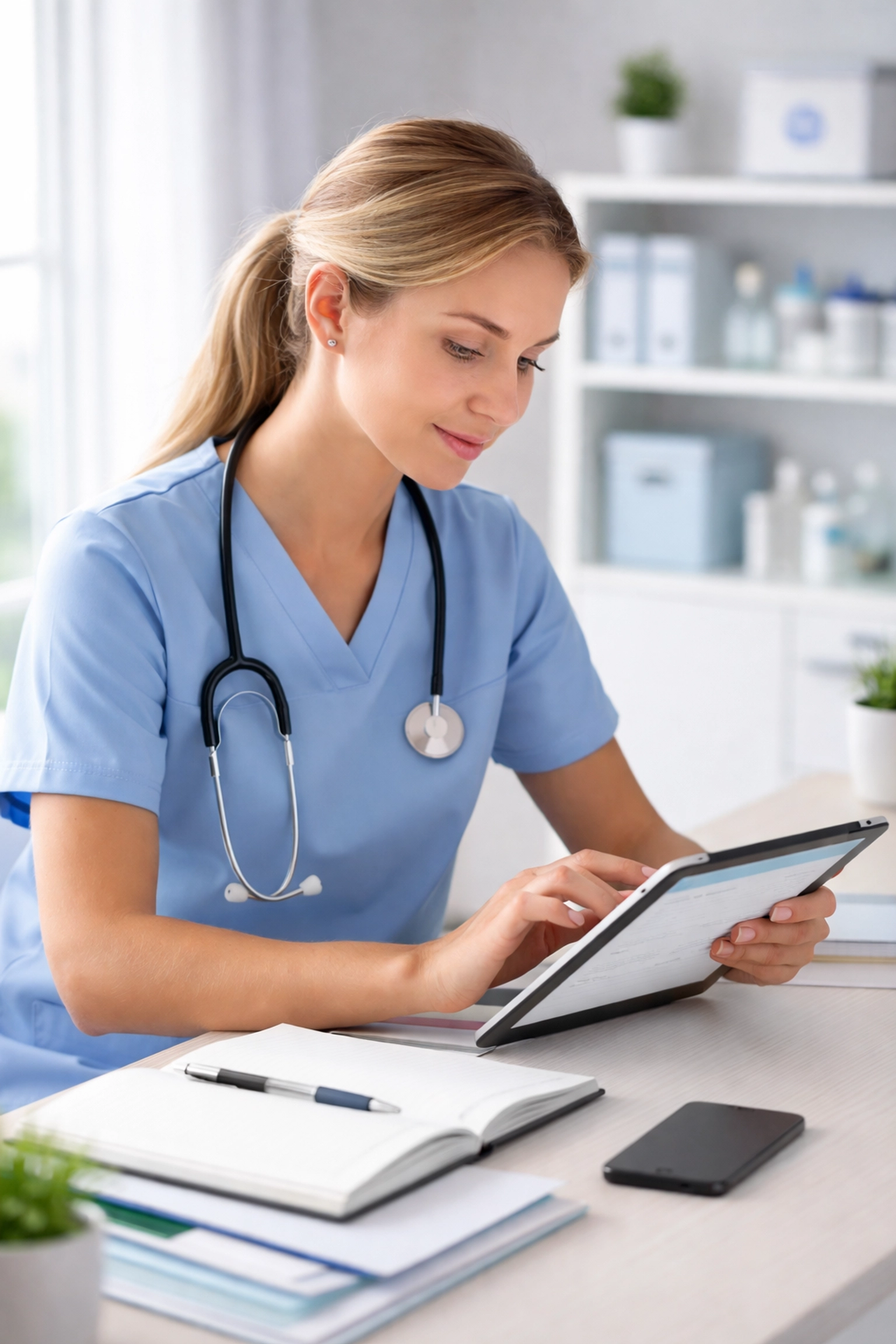 Home health nurse reviewing digital patient clinical records on a tablet in an organized home office, representing 42 CFR 484 documentation standards.