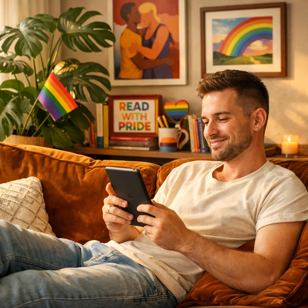 A gay man reading an LGBTQ+ ebook in a cozy, modern living room decorated with pride symbols.