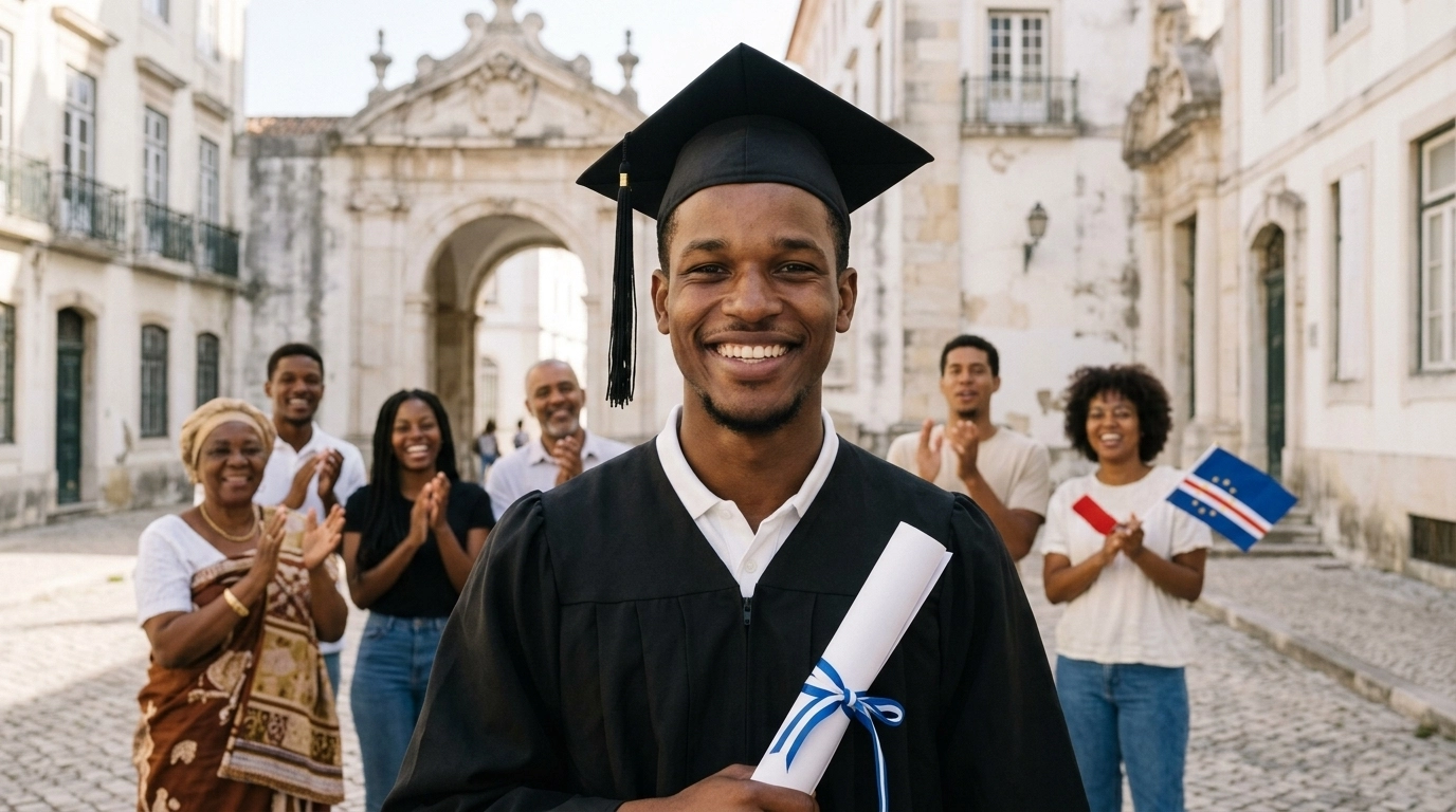Estudante cabo-verdiano sorrindo com diploma na mão após formatura em Portugal