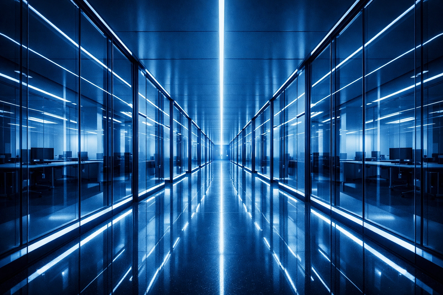 Organized office corridor representing logical digital folder structure and cloud storage.