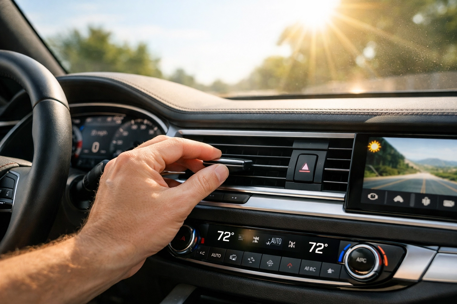 A driver adjusting the AC vent in a late-model vehicle for optimal cabin cooling and passenger comfort.