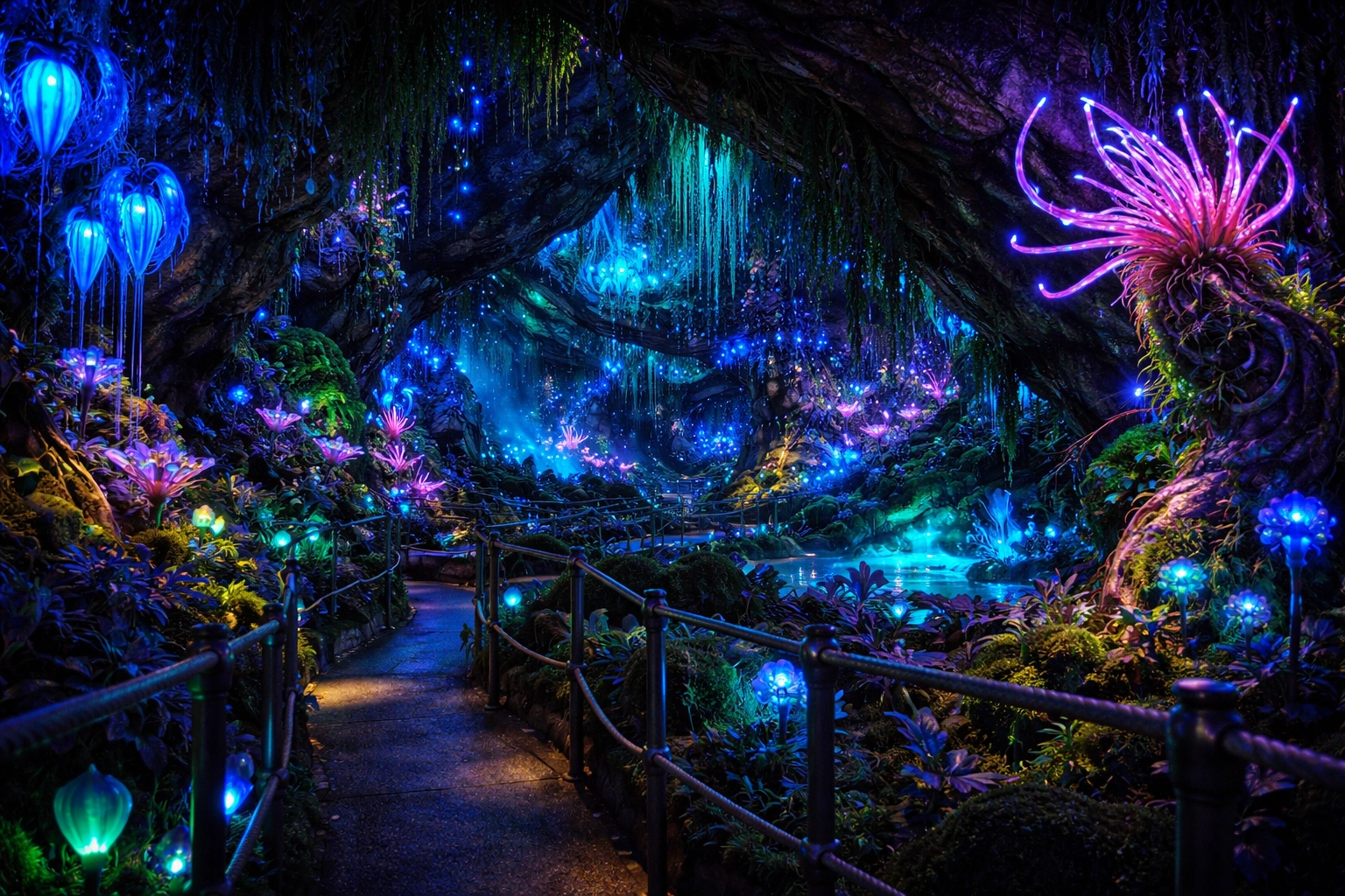 Avatar Flight of Passage queue with glowing bioluminescent plants, representing premium Disney attractions for Single Pass