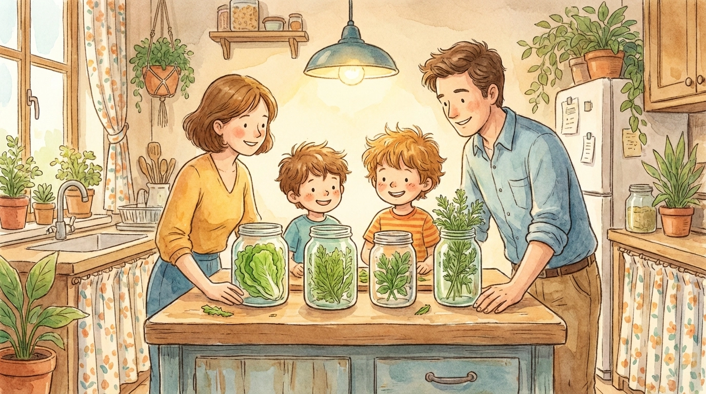 Family admiring colorful DIY hydroponic jars with thriving lettuce and herbs in the kitchen