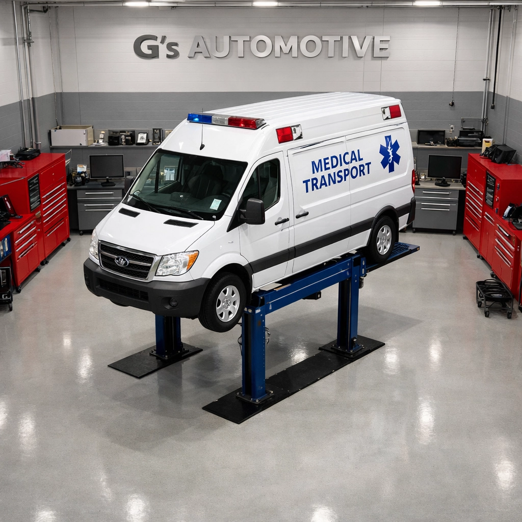 Medical transportation vehicle on a lift for comprehensive fleet maintenance at G's Automotive LLC.