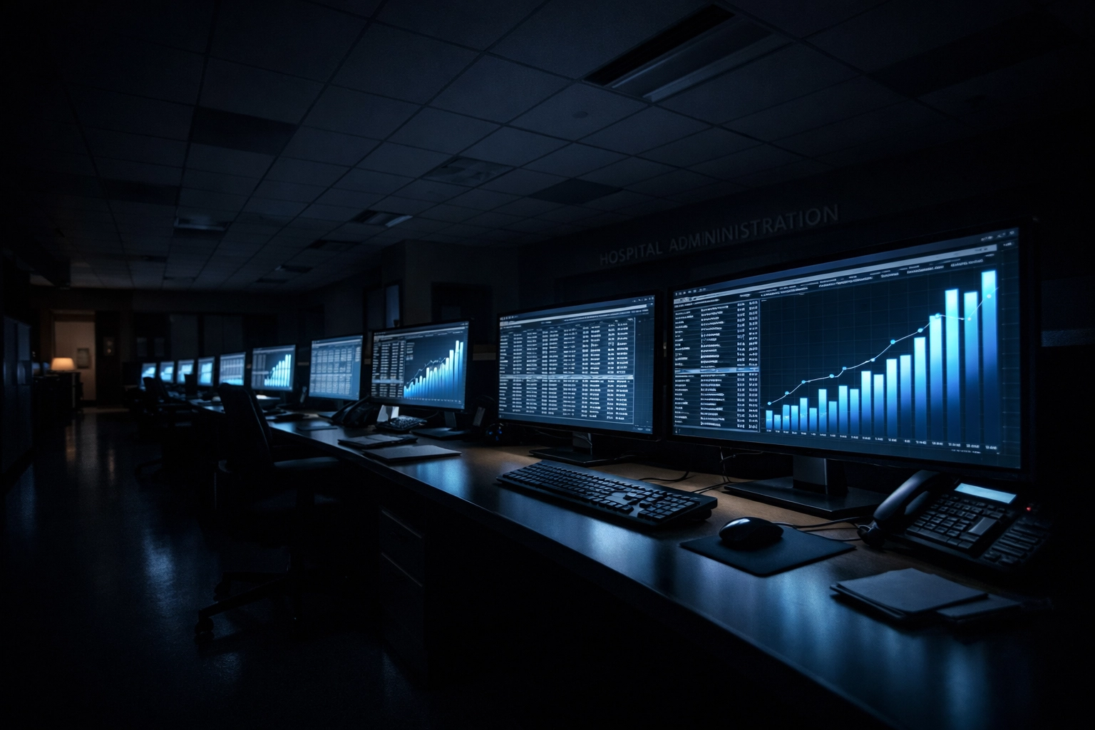Automated hospital administrative suite with glowing monitors showing financial spreadsheets and revenue cycle metrics.