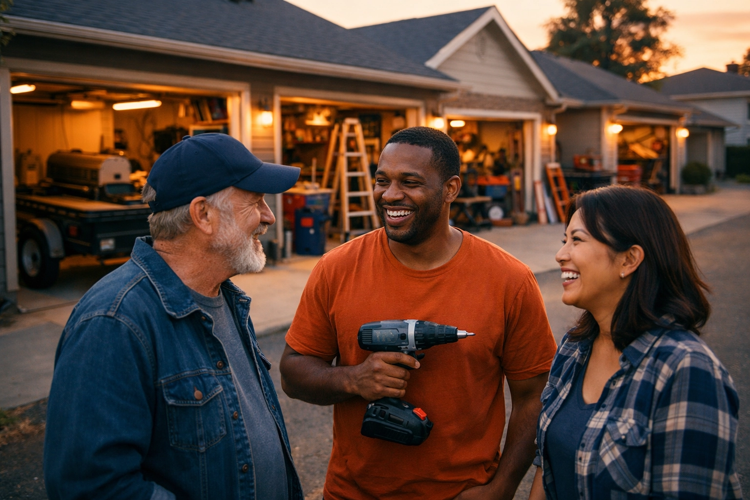 Neighbors in suburban street with open garages full of unused equipment and tools