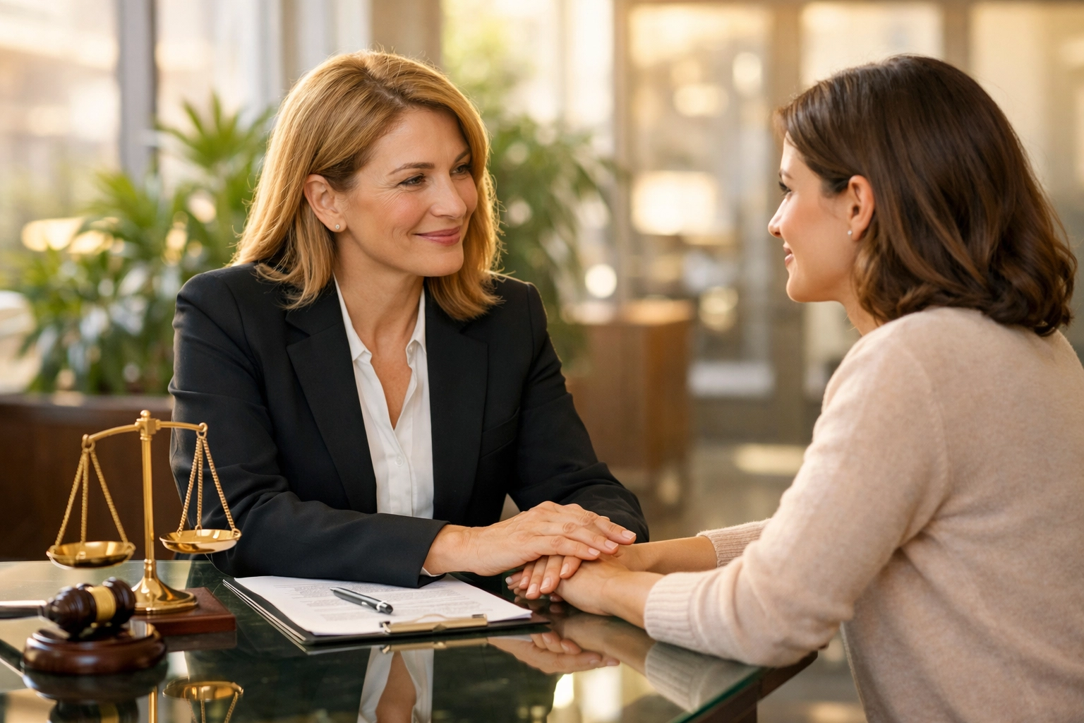 A lawyer and client discussing romance scam recovery in a bright, modern office setting.