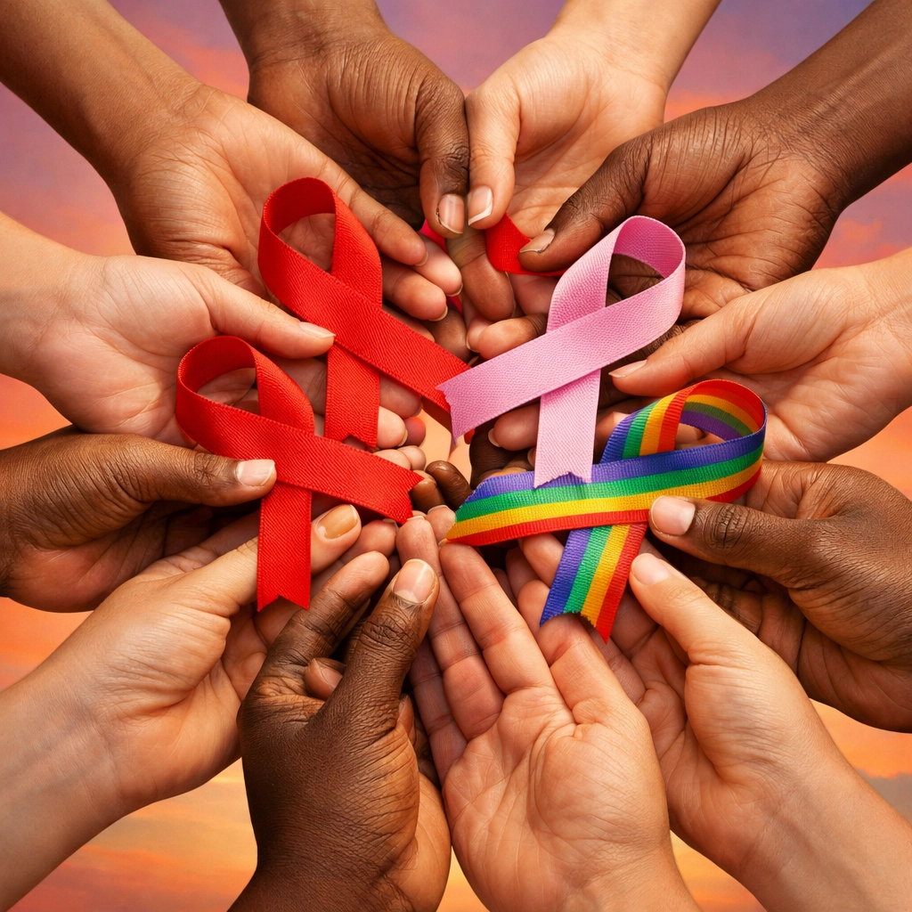 Diverse hands united with LGBTQ+ pride and humanitarian awareness ribbons