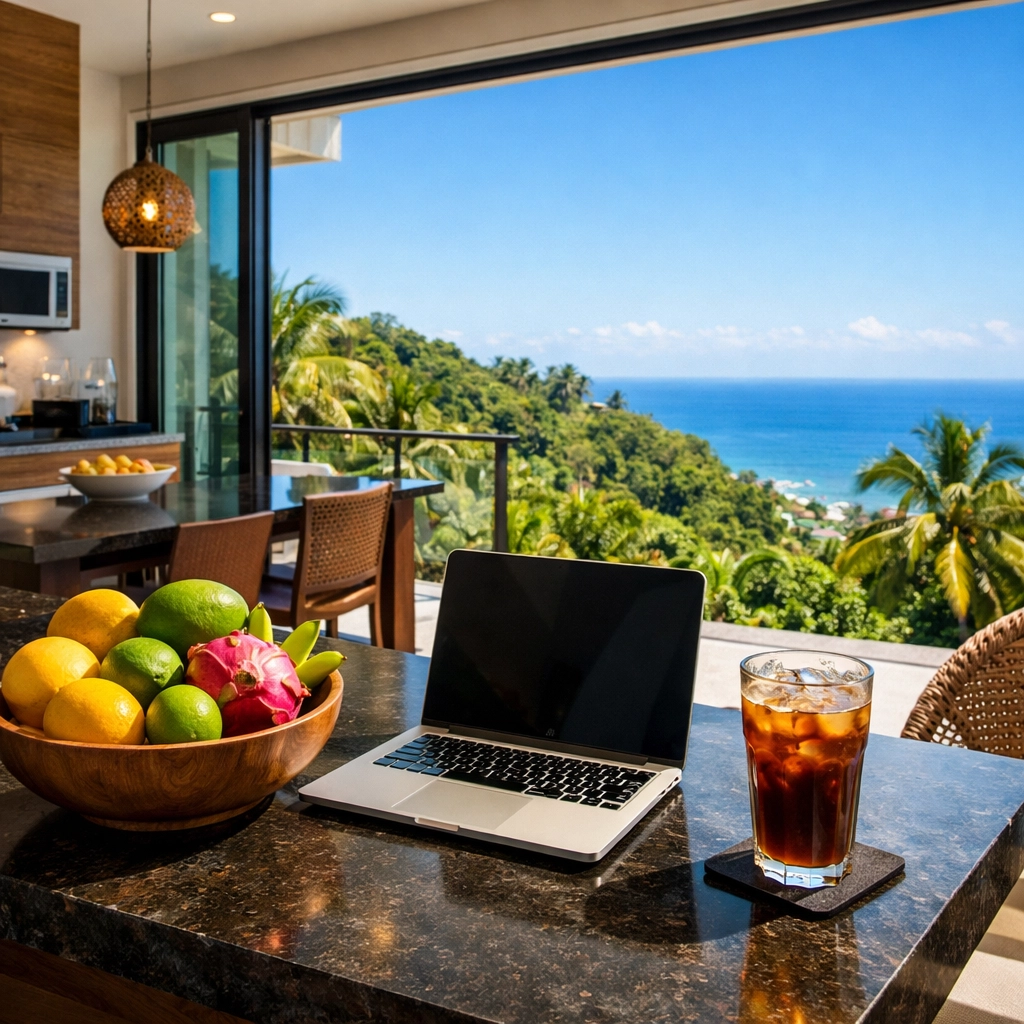 Bright Amapas hillside rental workspace with ocean views and tropical fruit for digital nomads in Puerto Vallarta.