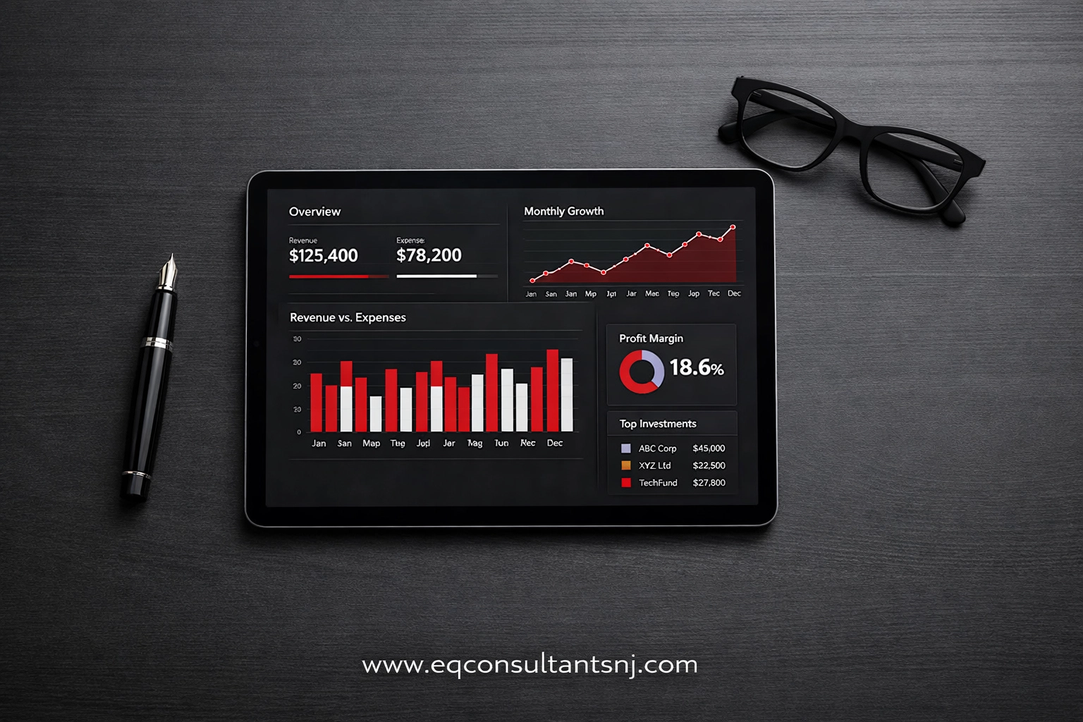 Digital tablet displaying a financial dashboard for real-time profit tracking and bookkeeping for print shops.