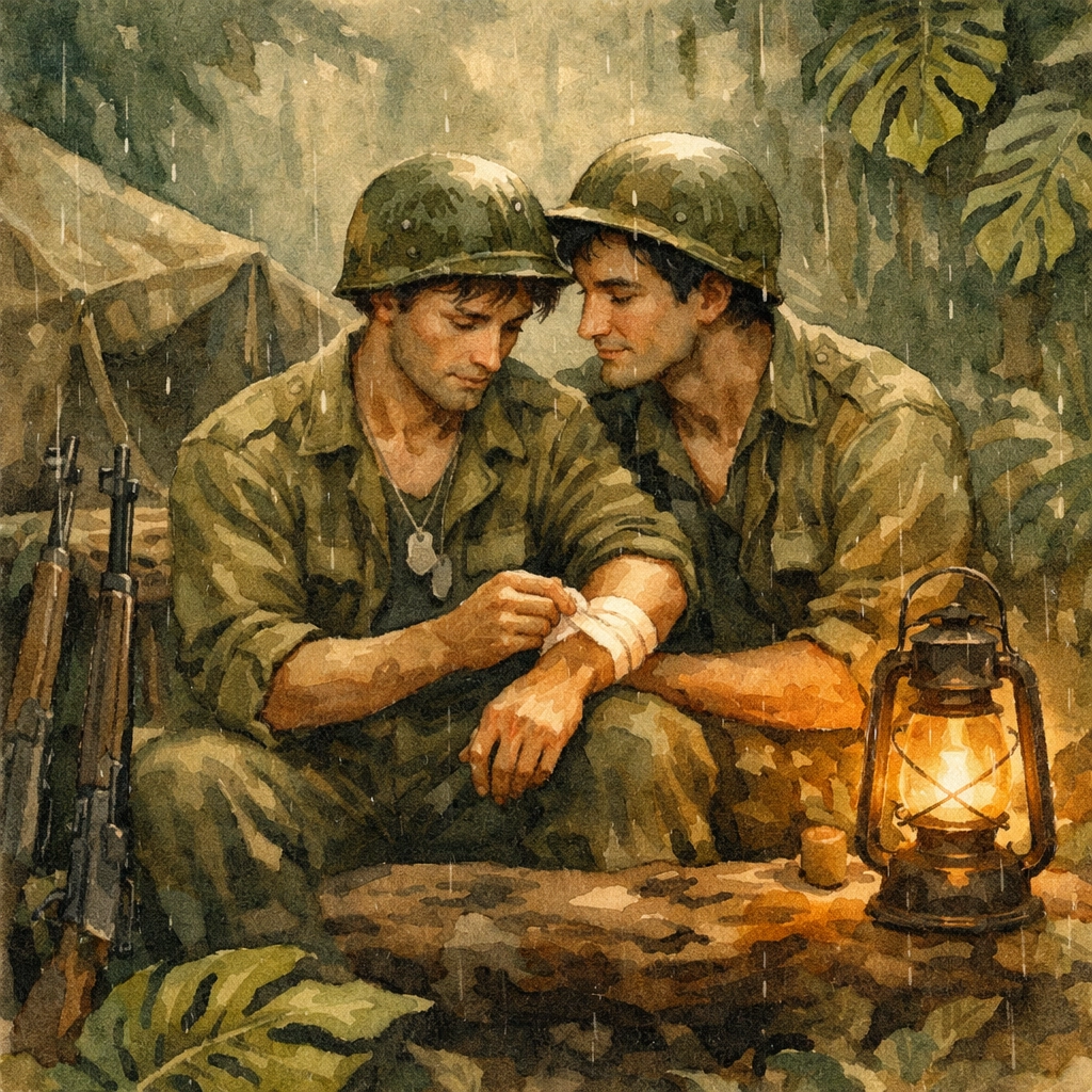 Gay soldiers in WWII Philippine jungle camp sharing a tender moment of care and connection