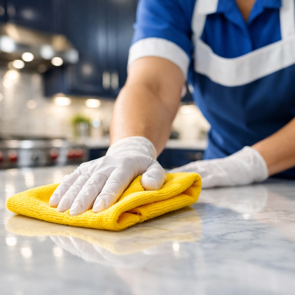 A professional cleaner wiping a marble kitchen countertop during a deep cleaning in Reading MA.