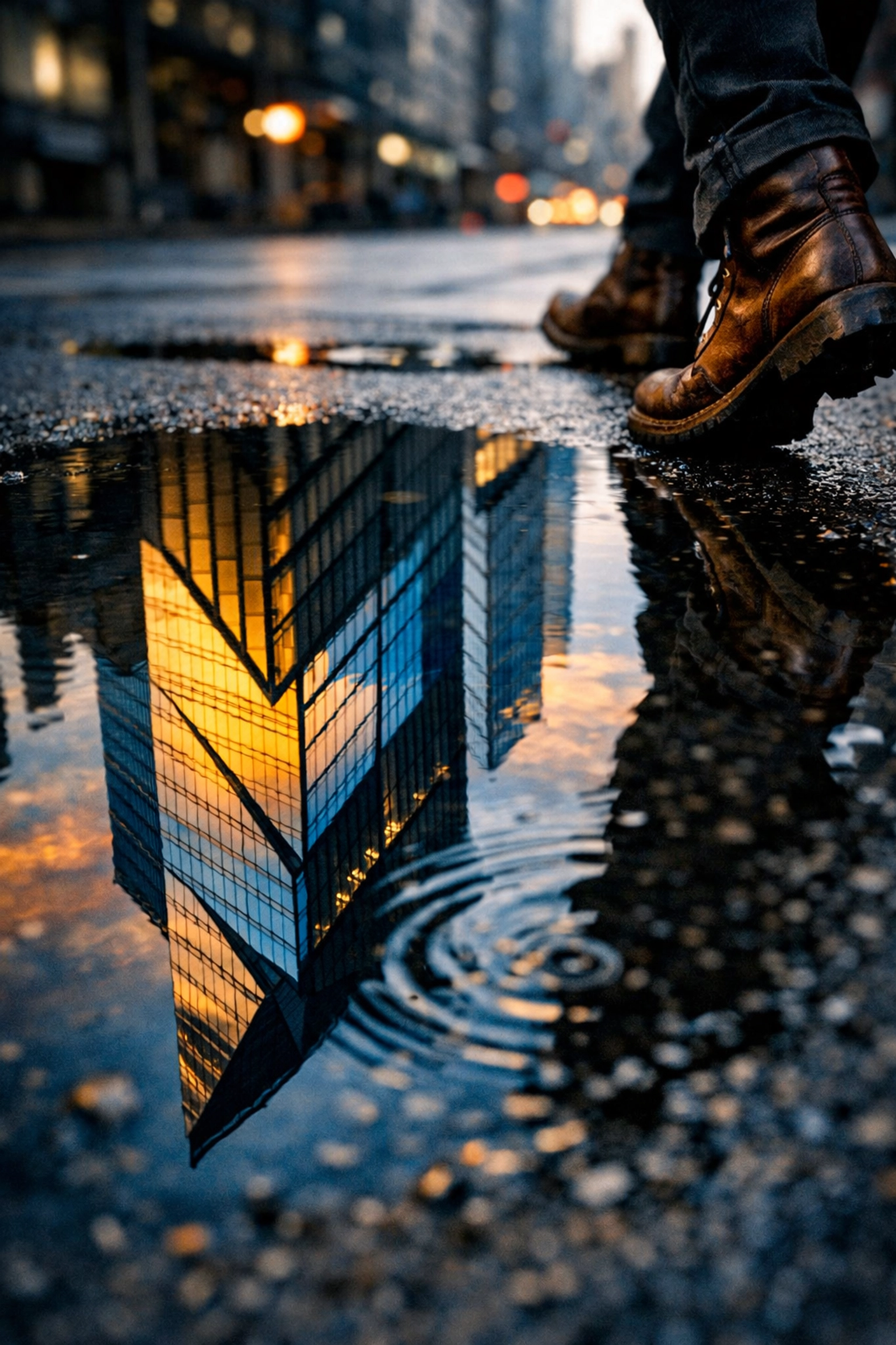 Urban geometry reflection in a puddle, one of many creative street photography ideas and examples.