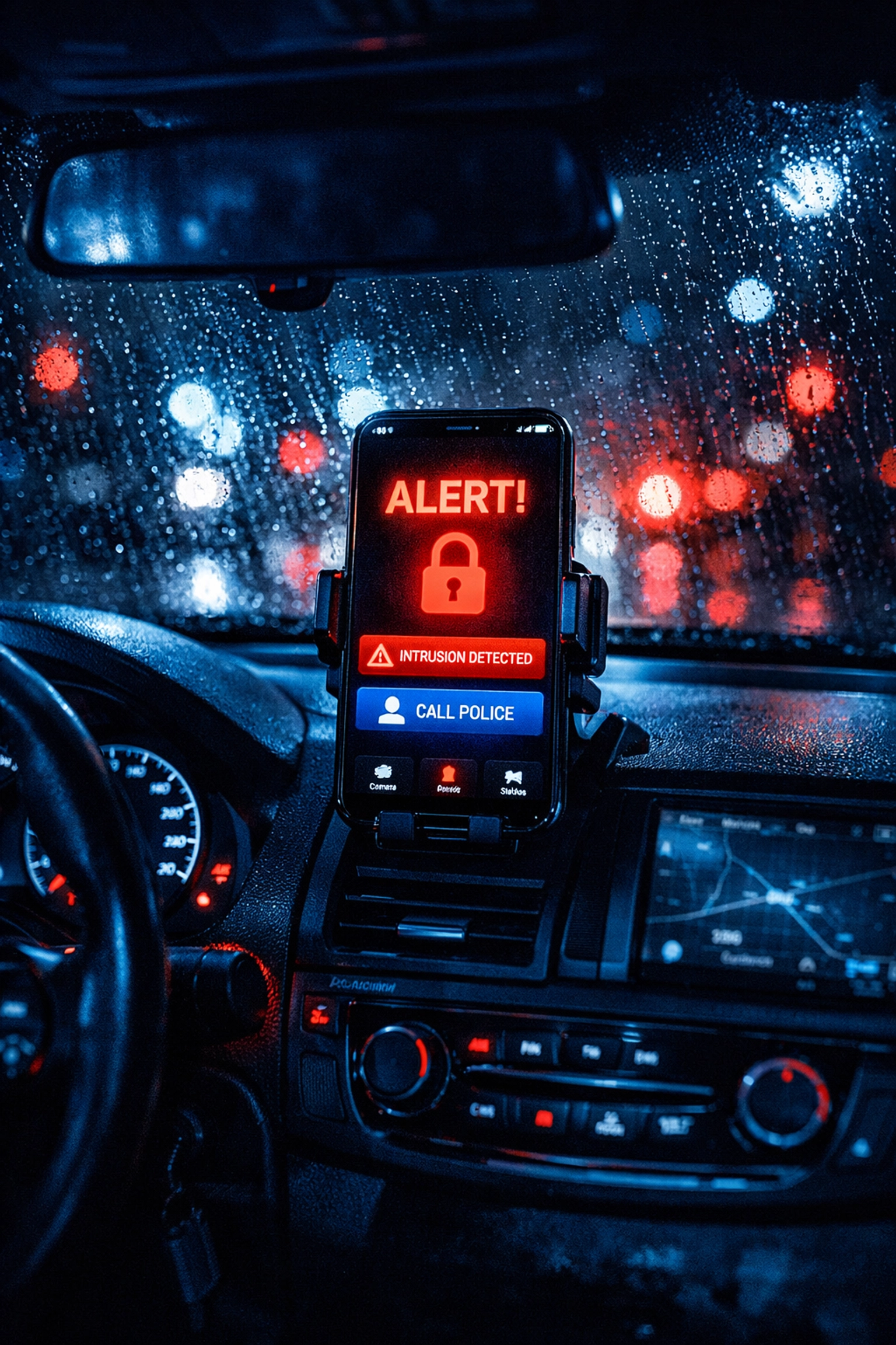 Car security smartphone app showing real-time alerts on dashboard in Pittsburgh