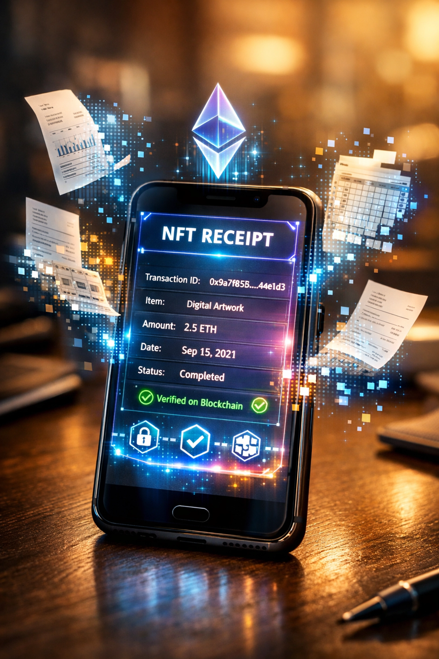 NFT receipt displayed on smartphone with blockchain verification for automated crypto accounting