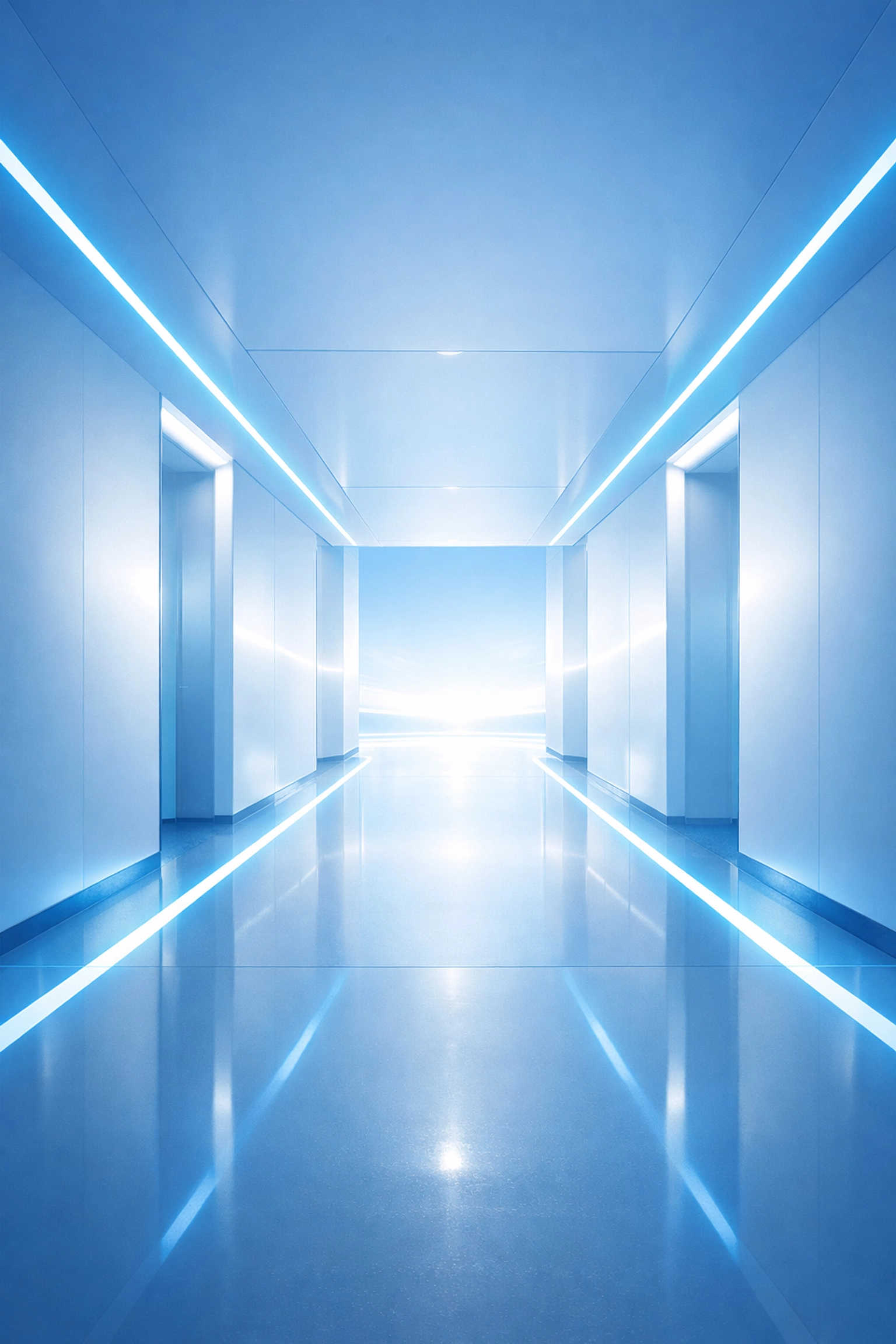 A futuristic and clean wellness clinic hallway symbolizing digital transformation and operational efficiency.