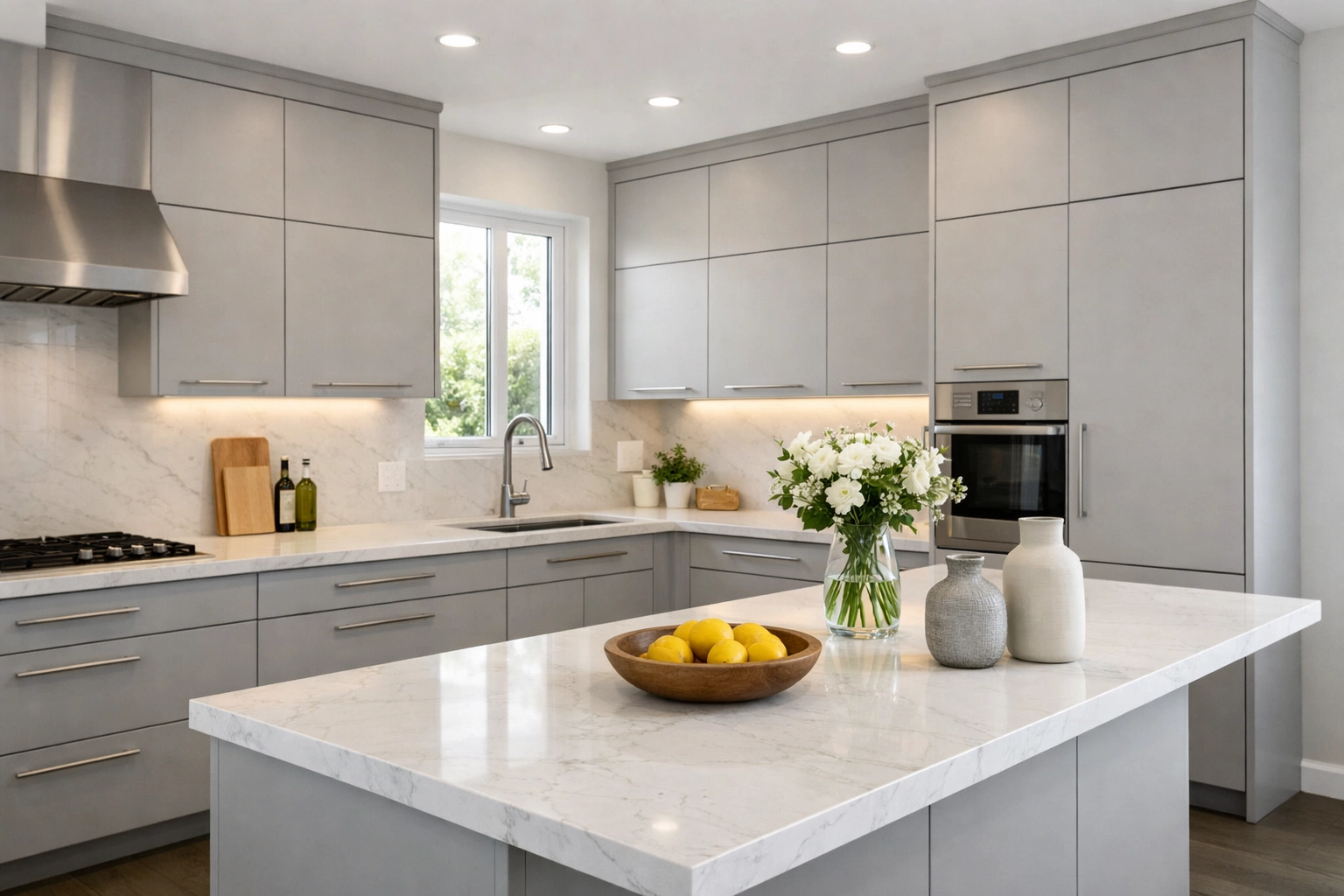 Modern flat-panel kitchen cabinets in Orlando home with quartz countertops and natural light