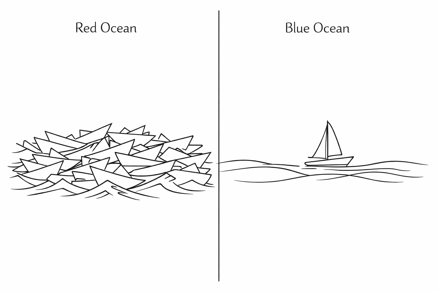 Red Ocean vs Blue Ocean strategy comparison showing crowded competition versus uncontested market space