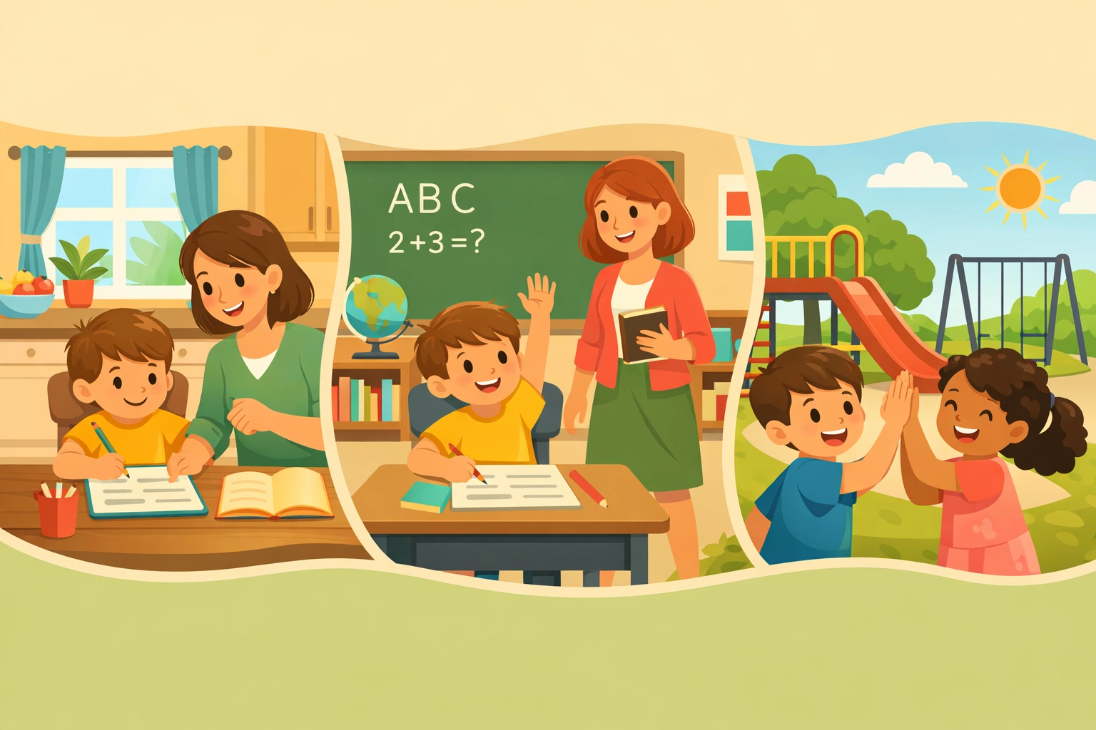 Child generalizing ABA therapy skills across home, school, and community playground settings