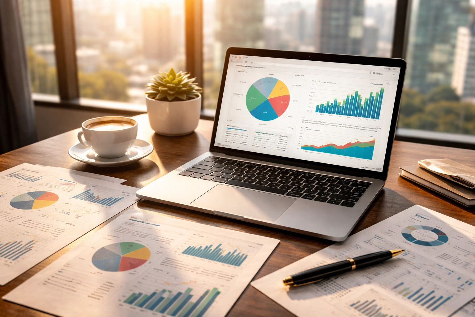 Investor desk with charts and reports reflects portfolio management for accredited investors and modern asset allocation