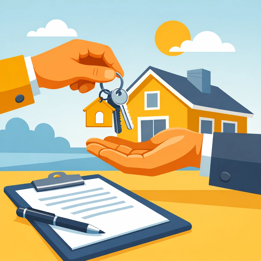 Handing over house keys with a formal rental agreement for tax deduction documentation.