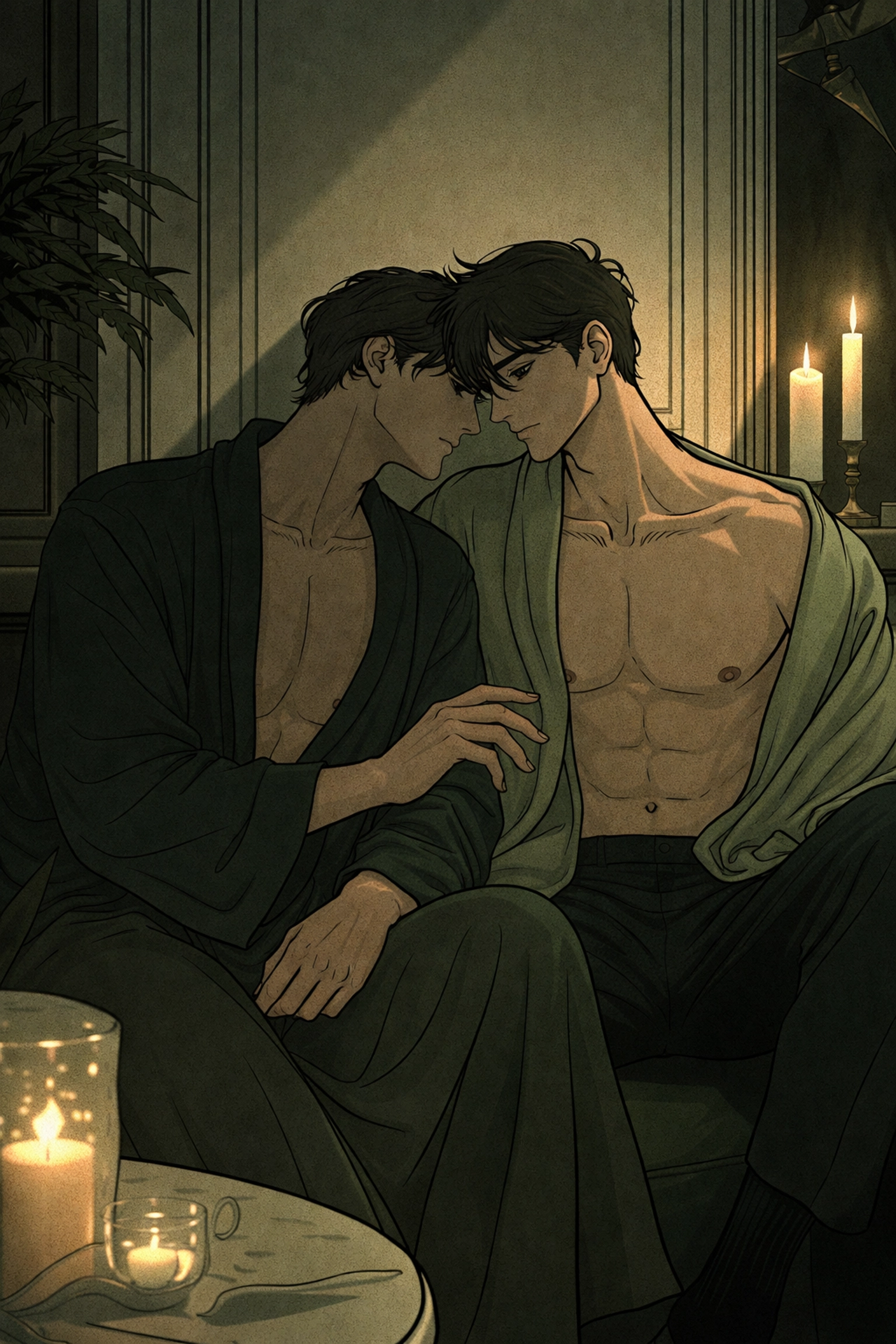 Two men sharing a secret moment at a private gathering, evoking gay thriller and MM fiction themes