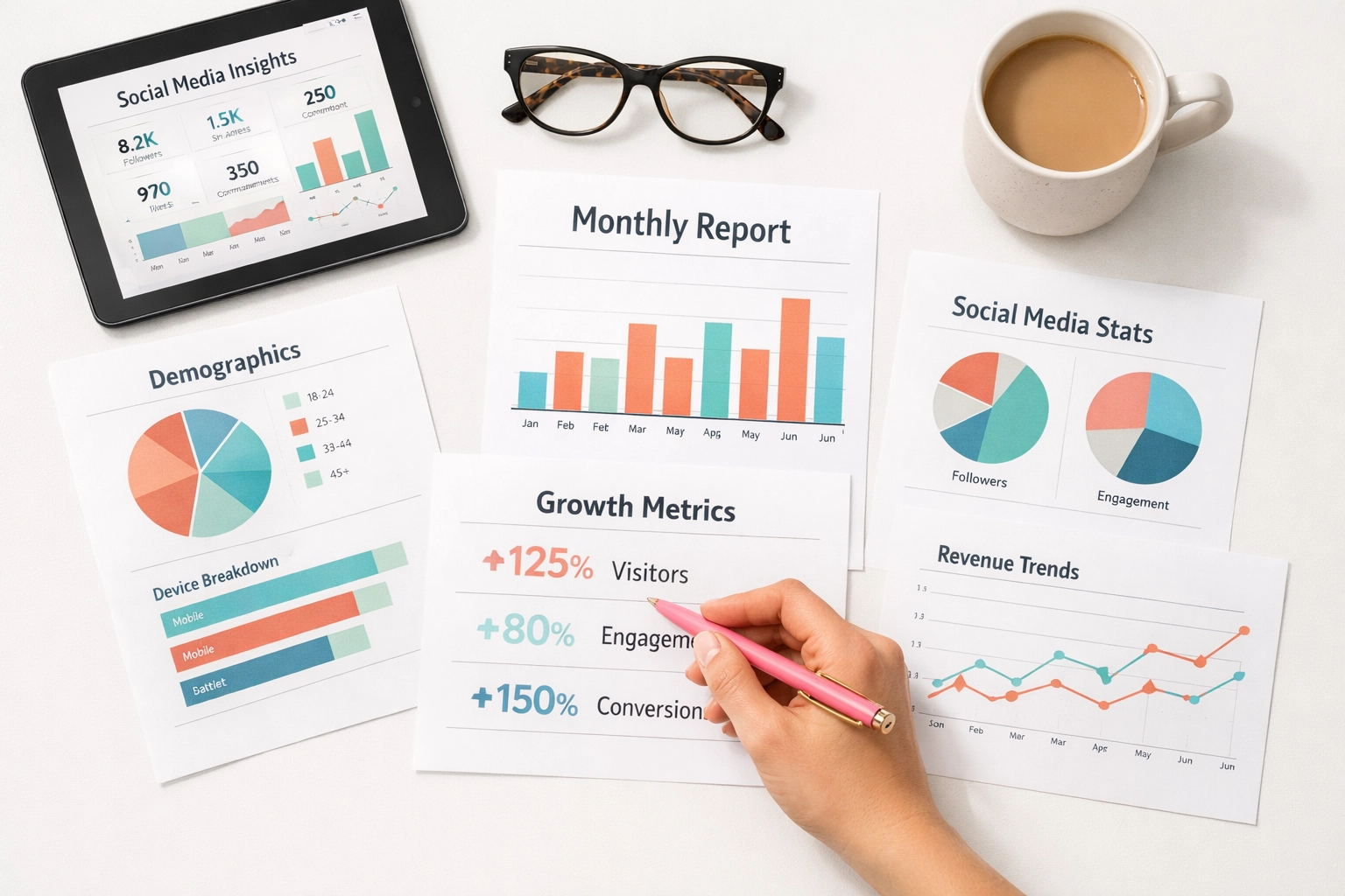 Monthly social media analytics report showing engagement metrics and growth charts