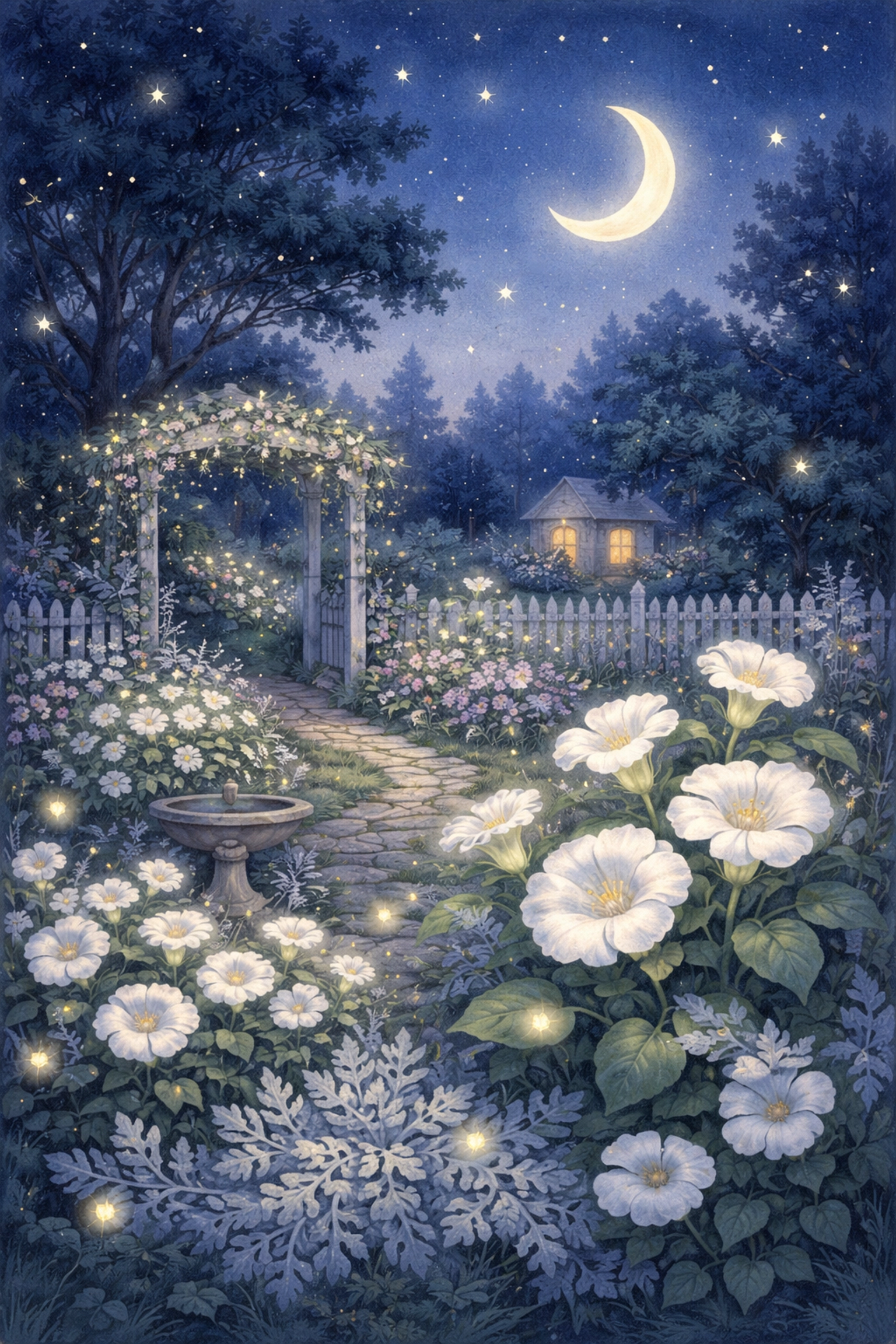 Magical moon garden illustration with glowing white flowers, silver foliage, and a crescent moon in a night sky