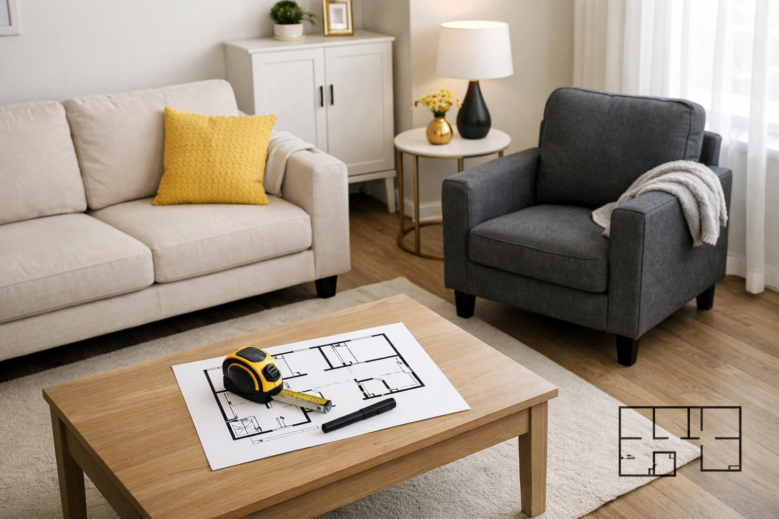 Assisted living floor plan with measured furniture layout for downsizing services Columbus Ohio