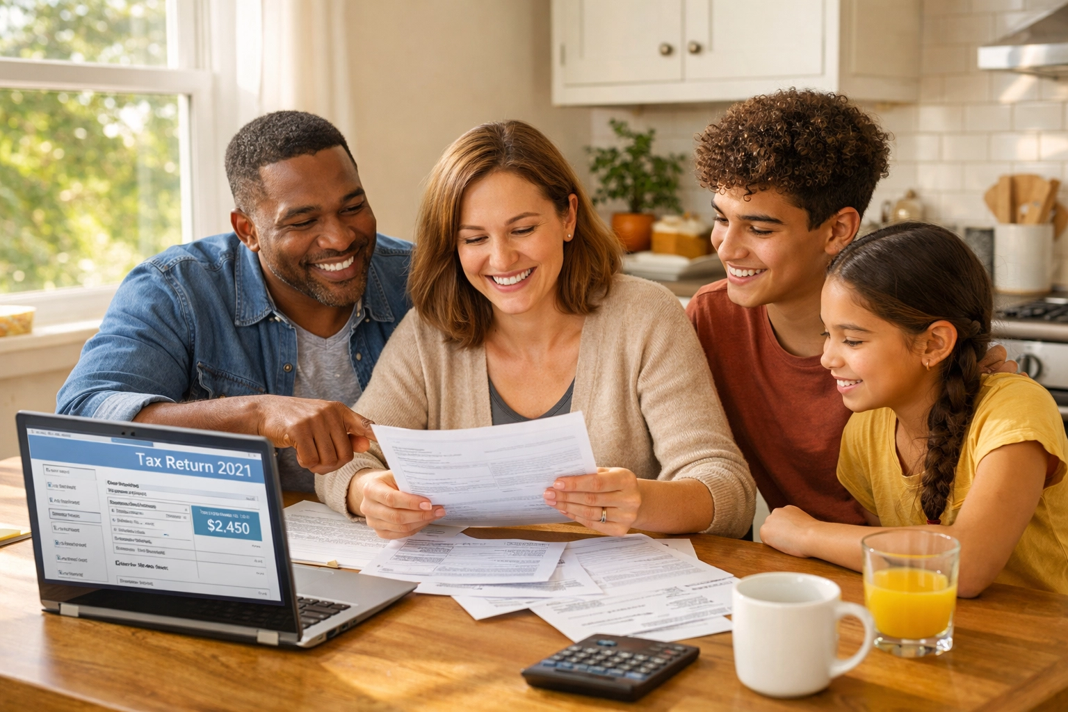Family reviewing tax refund options and preparation documents together