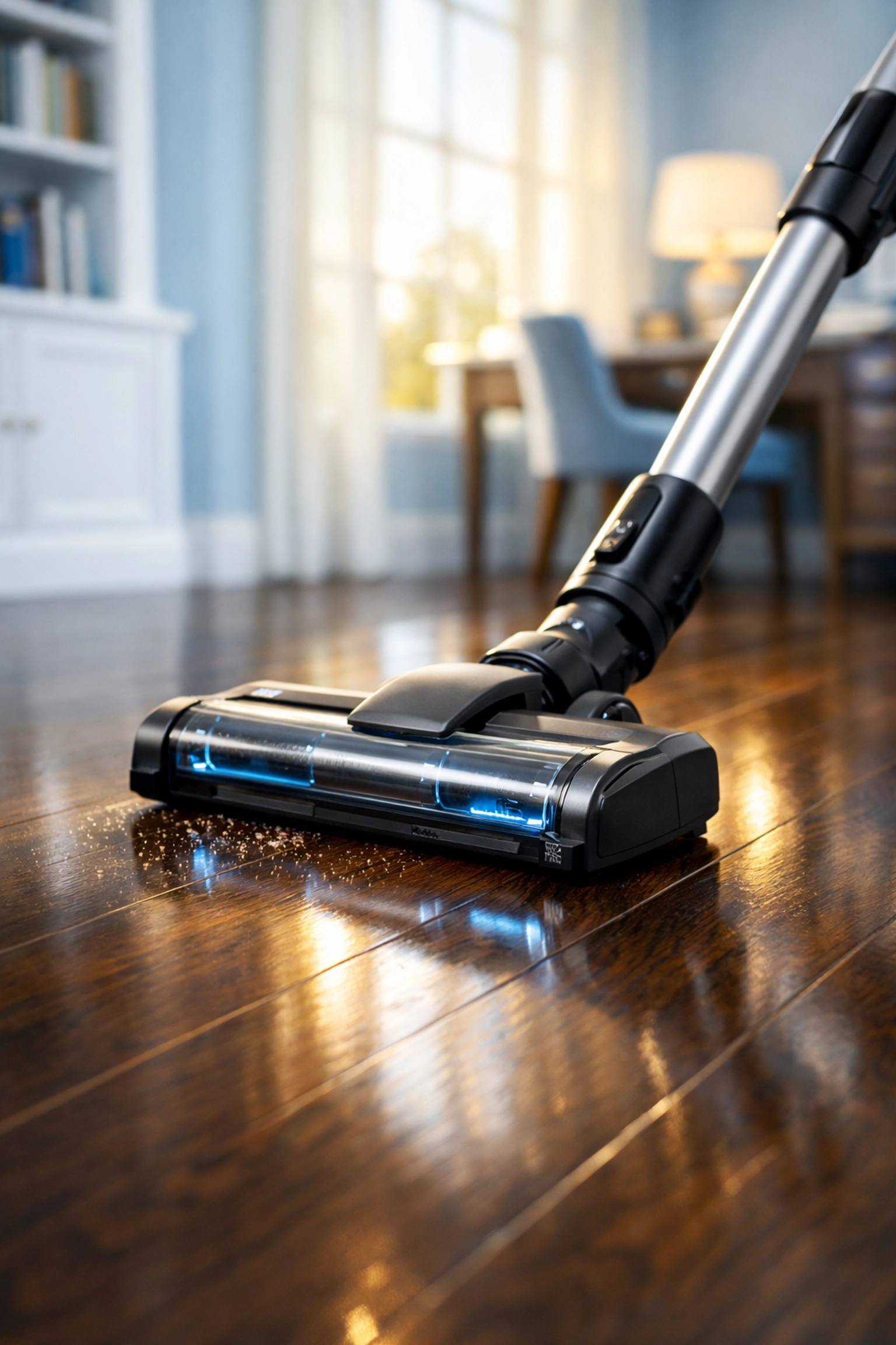 Expert maid services Worcester using a high-quality vacuum to clean luxury hardwood floors slowly.