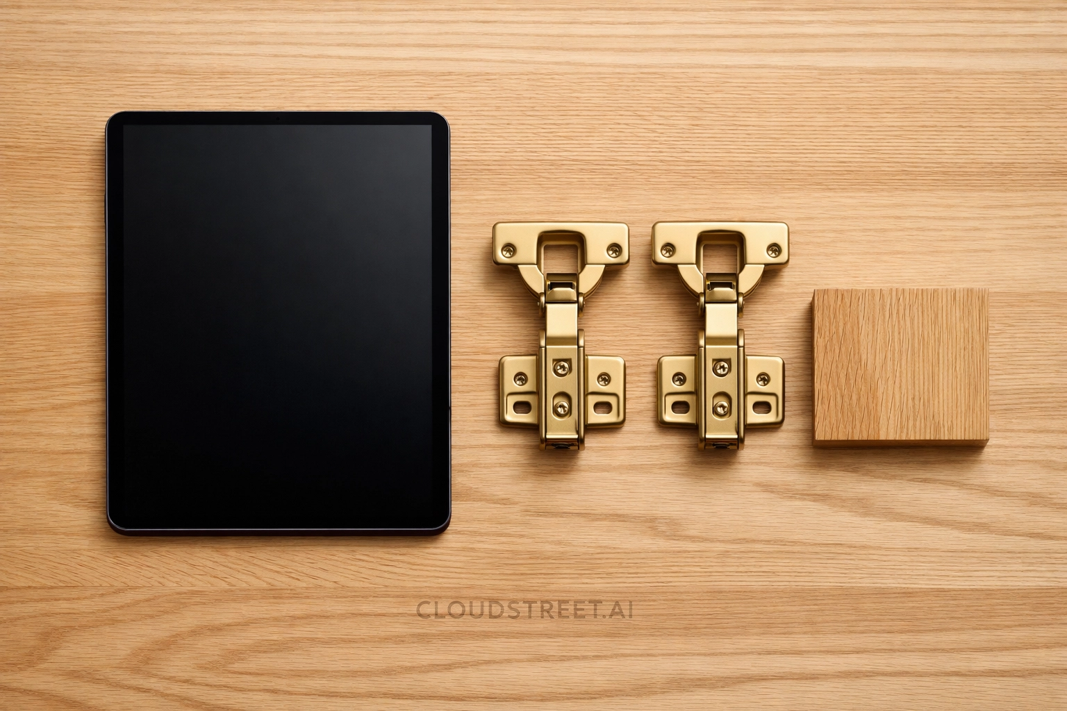 A tablet on a workbench displaying Salesforce B2B Commerce Cloud for wholesale ordering.