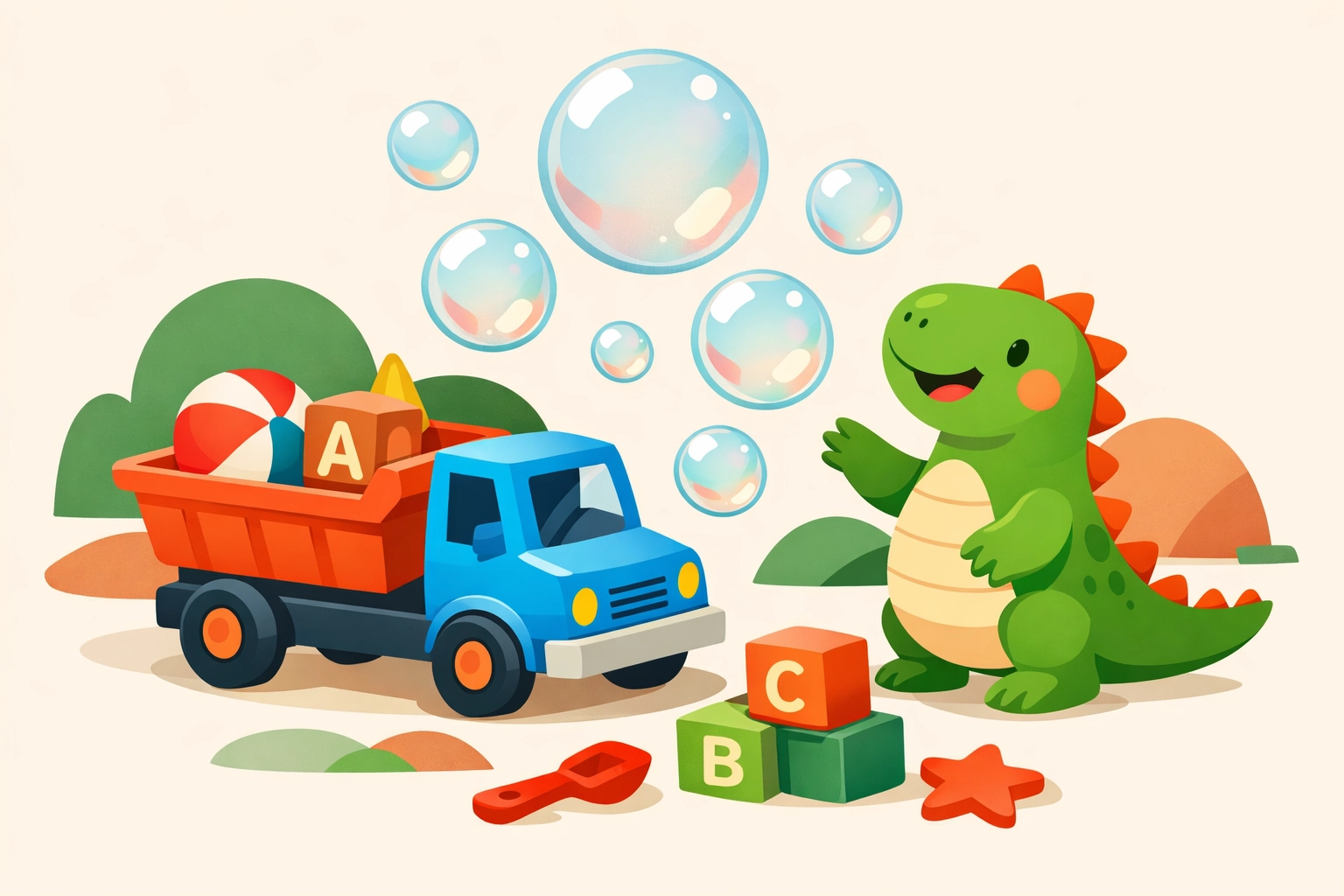 Toys and bubbles representing a joyful, play-based ABA therapy approach for children with autism.