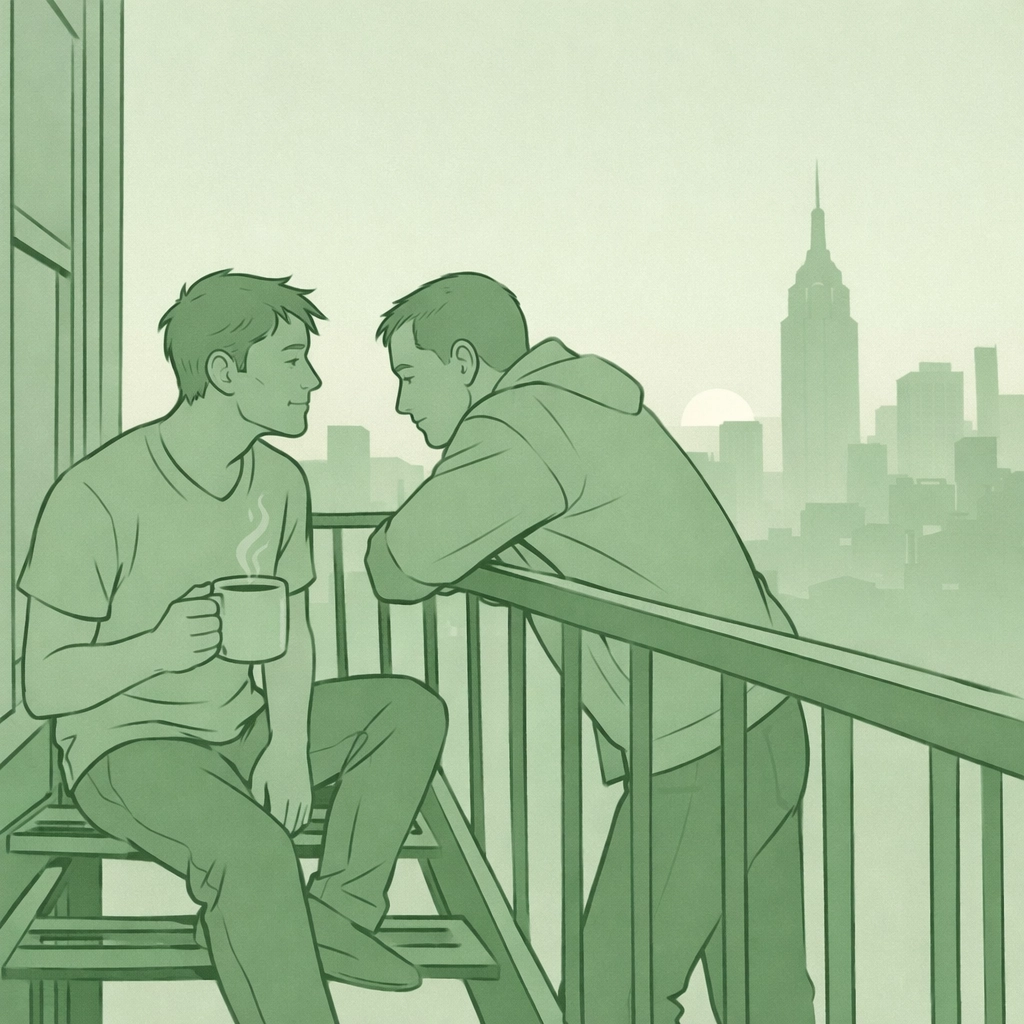 Two men connect on a fire escape at dawn - MM contemporary morning intimacy
