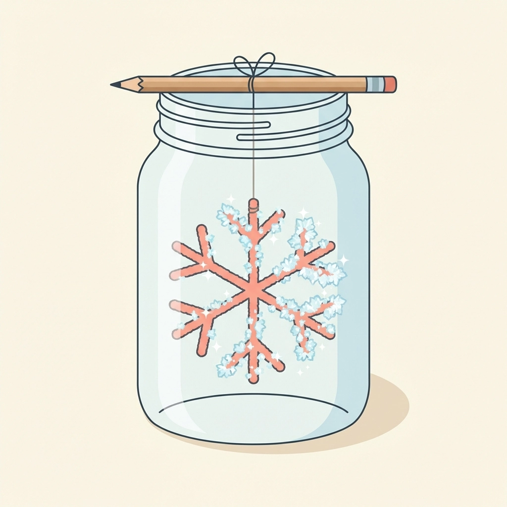 Minimalist image of pipe cleaner snowflake suspended in a jar, demonstrating borax crystal growing method