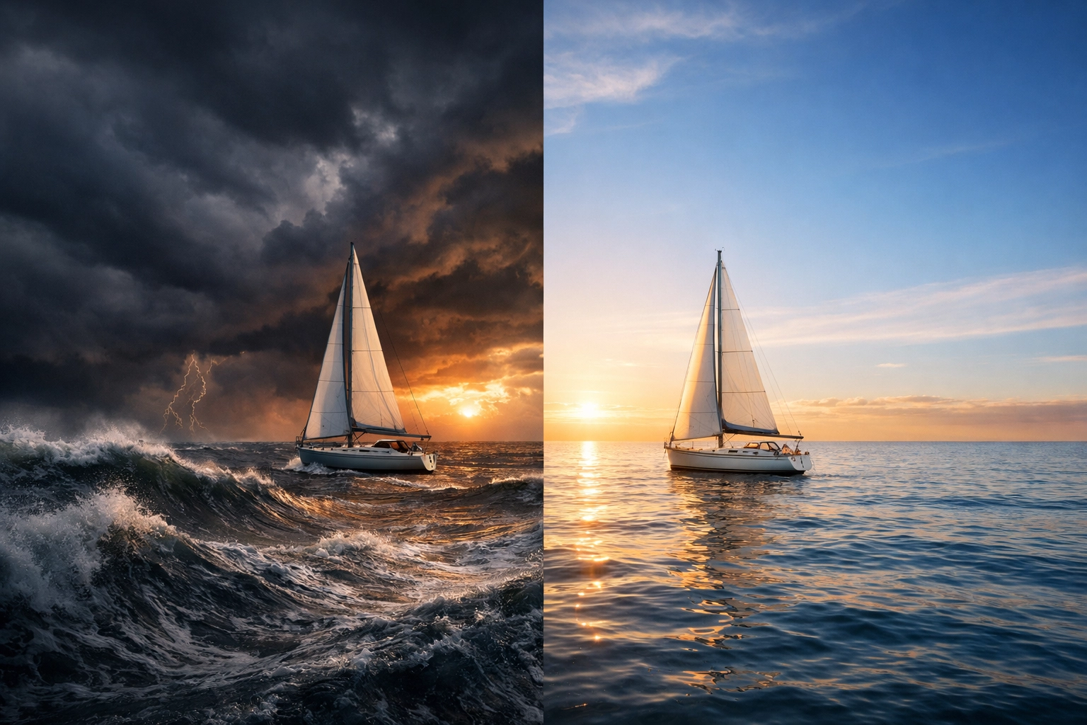Sailboat in calm and stormy seas representing investment discipline during market volatility