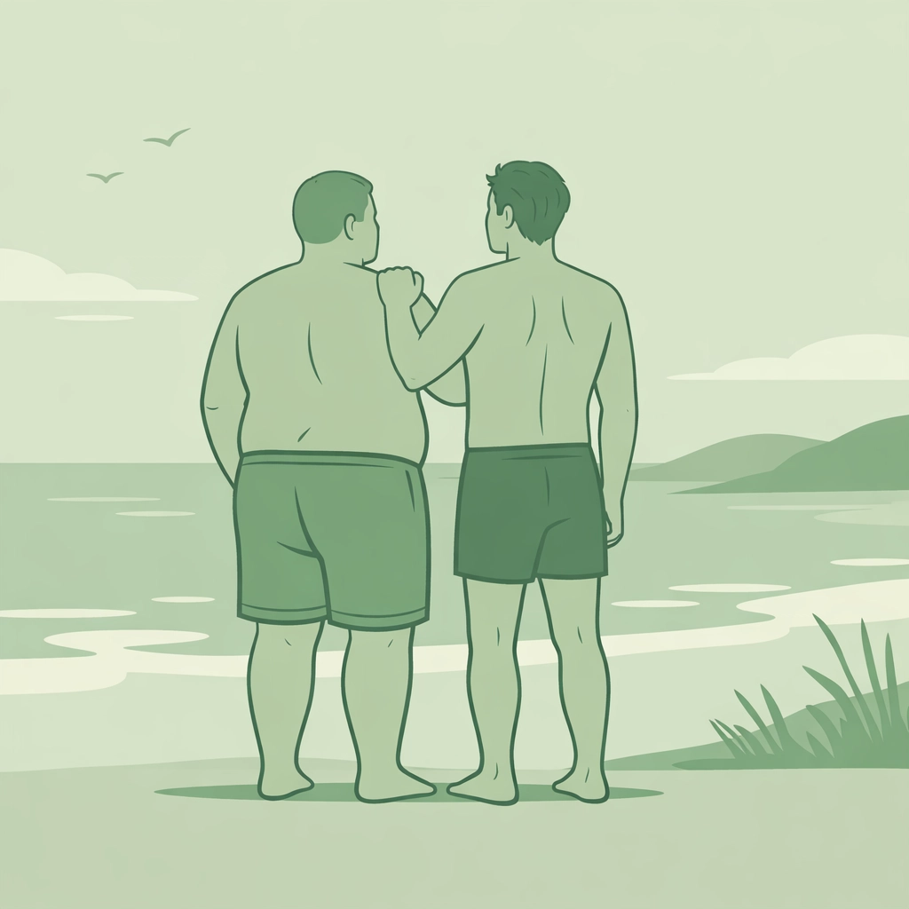 Two men at beach embracing body positivity and self-acceptance in MM romance context