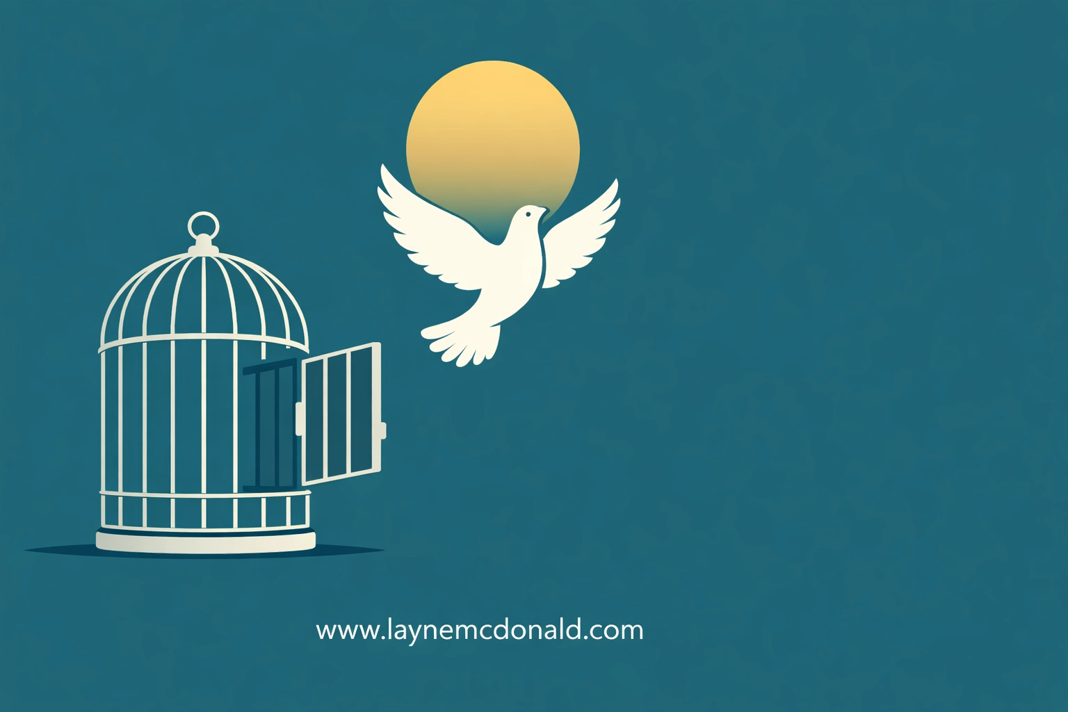 A dove flying from a cage, symbolizing spiritual freedom through forgiveness and grace. www.laynemcdonald.com